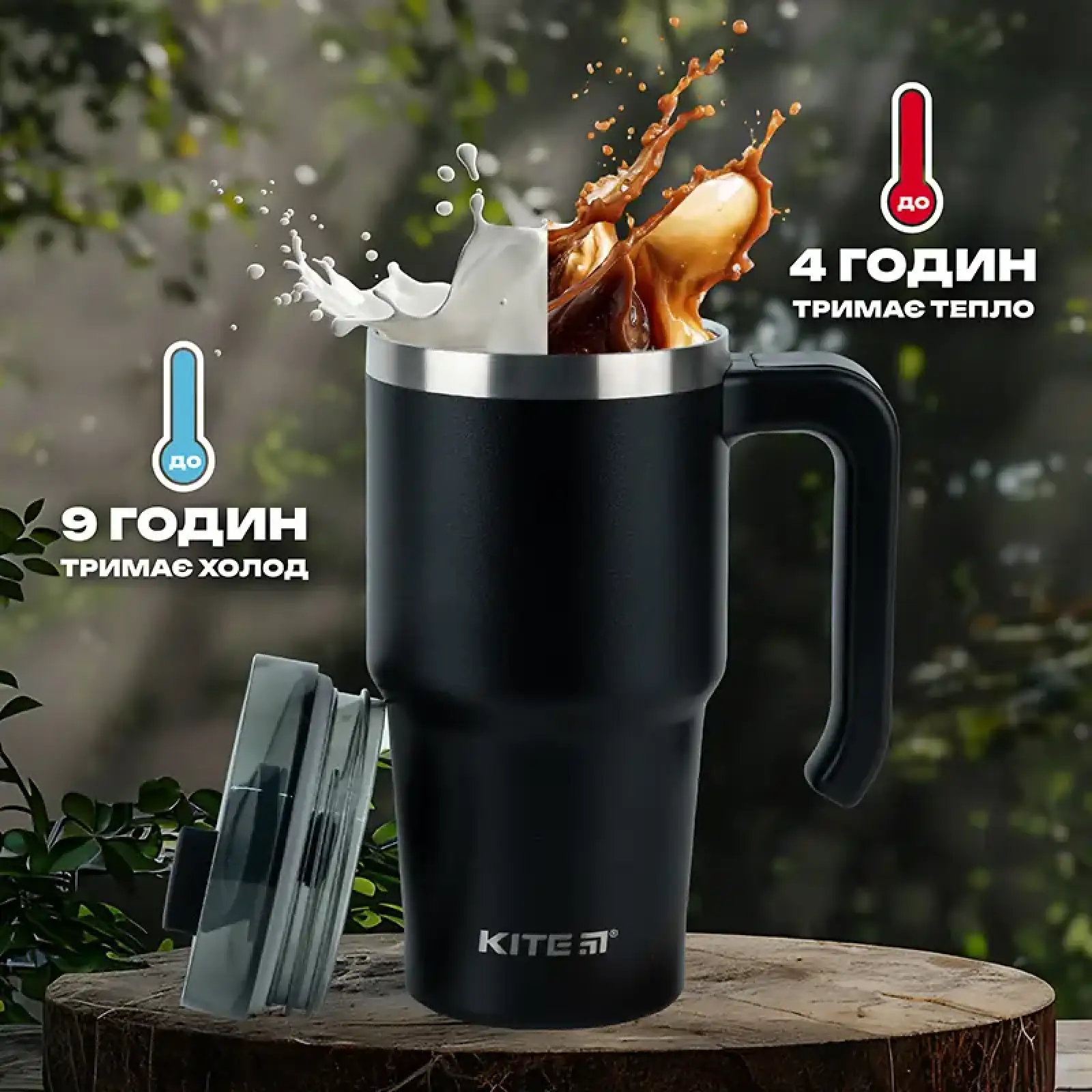 Термокружка з ручкою 600 мл, чорна KITE K24-1207-1