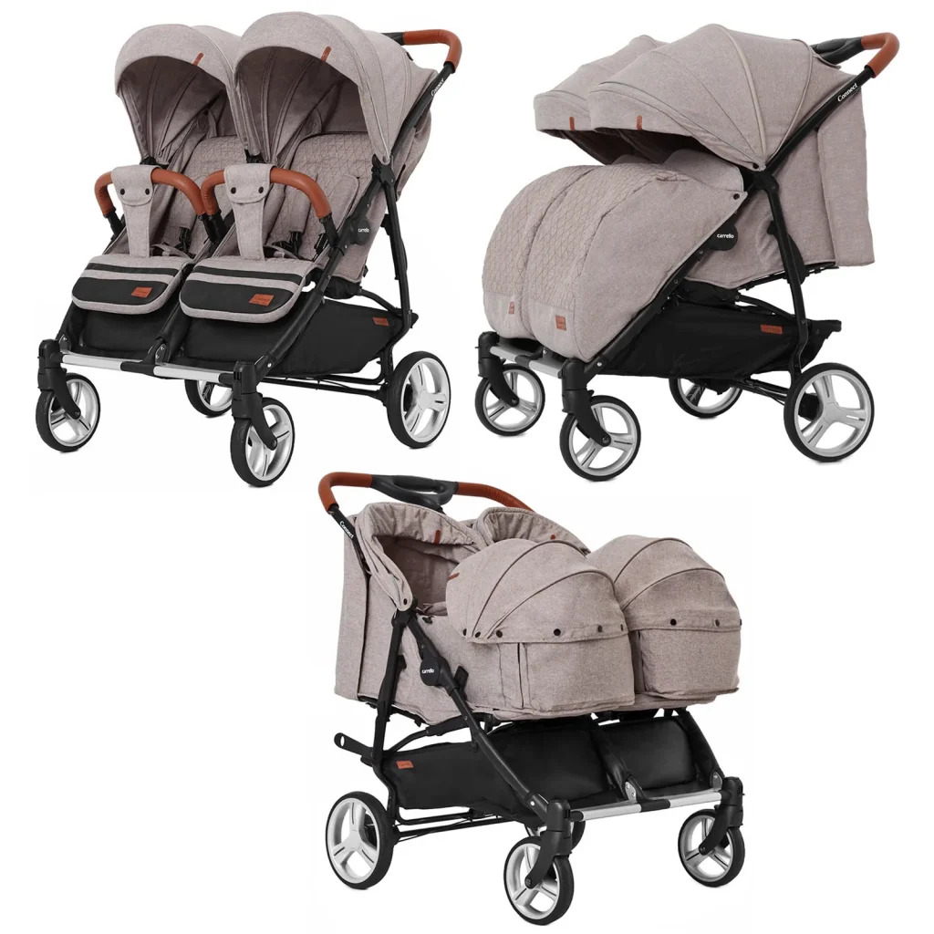 Коляска універсальна CARRELLO Connect CRL-5502/1 Cotton Beige для двійні, люлька-переноска+дощовик