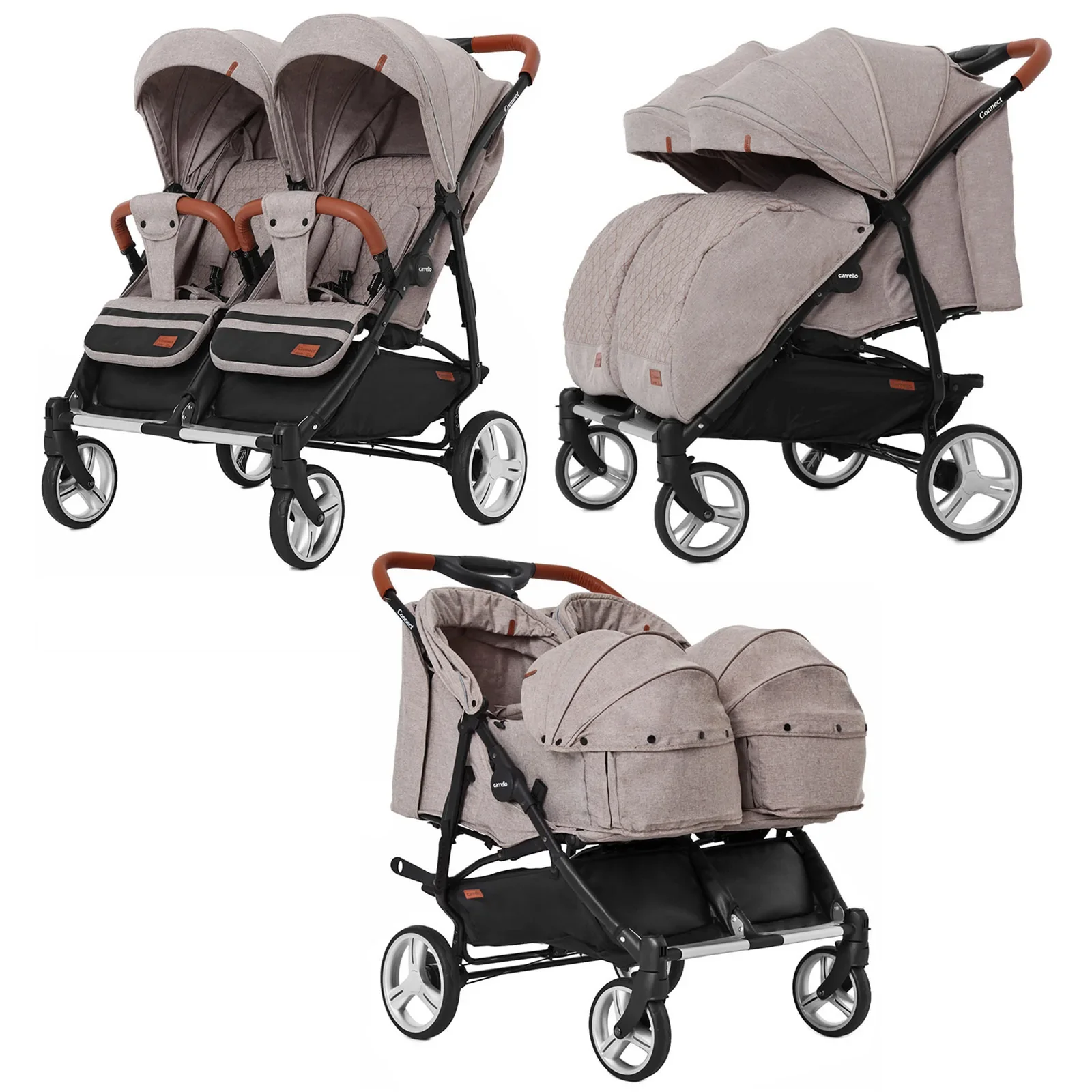 Коляска универсальная CARRELLO Connect CRL-5502/1 Cotton Beige для двойни, люлька-переноска+дождевик