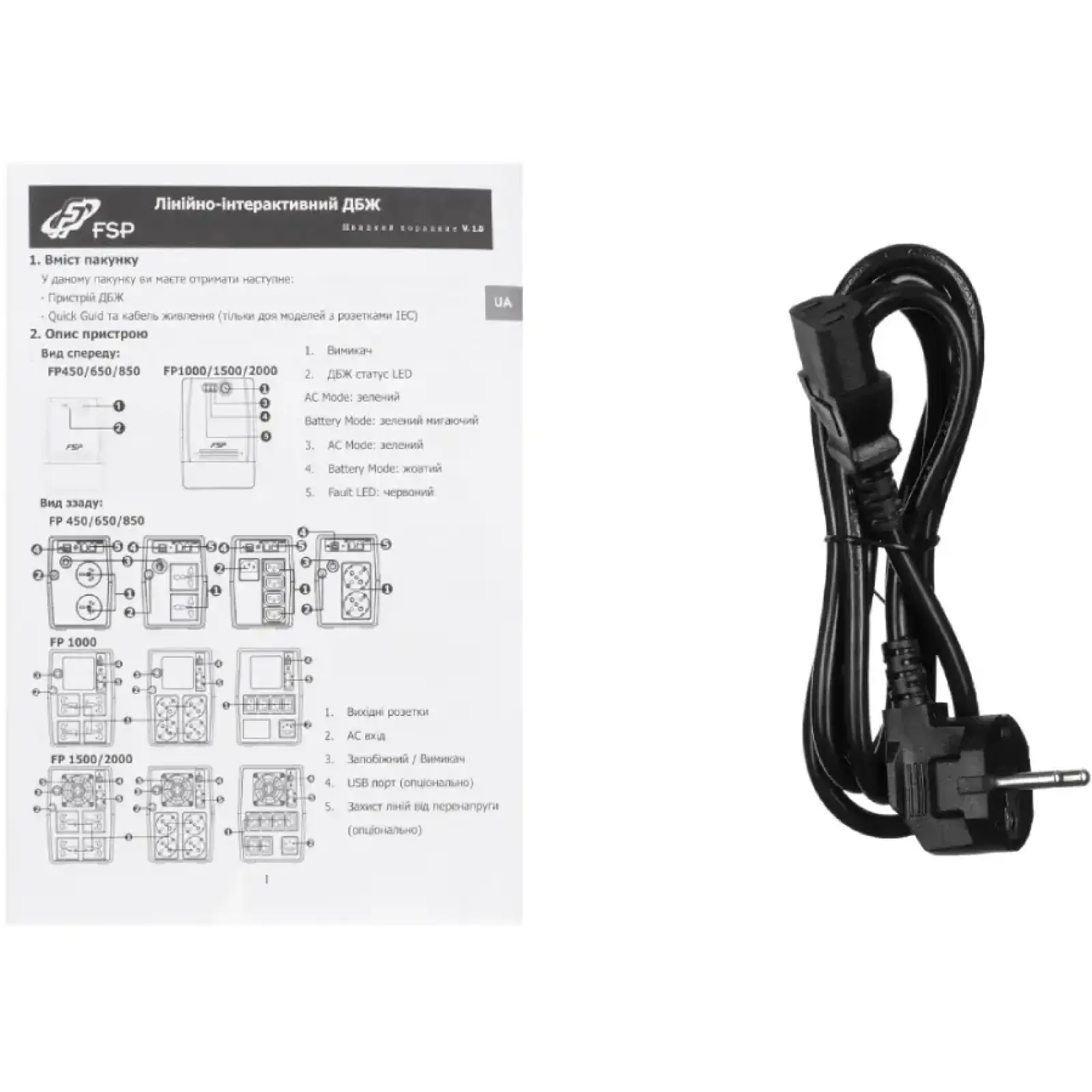 ДБЖ FSP FP850, 850ВА/480Вт, Lin-Int, USB/RJ45, Schuko*2, AVR, Black (PPF4801102) UA