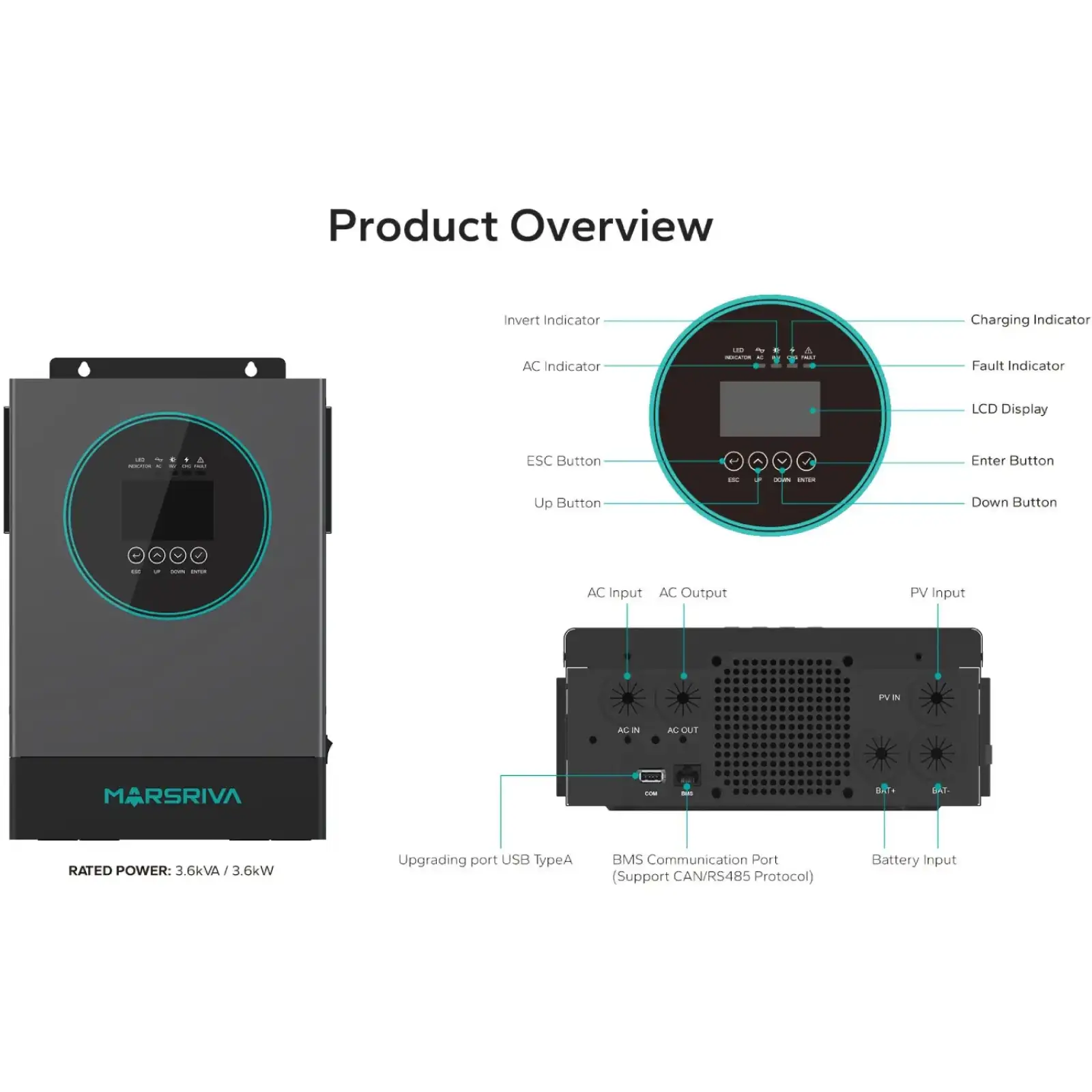 Інвертор Marsriva OFF-G 3.6 kW 230V RS232/RS485 CE PF1 VOL VM III 3,3 кВт TWIN-24V, з Wi-Fi (MR-SPF3.6K-LP1-TL20E) UA