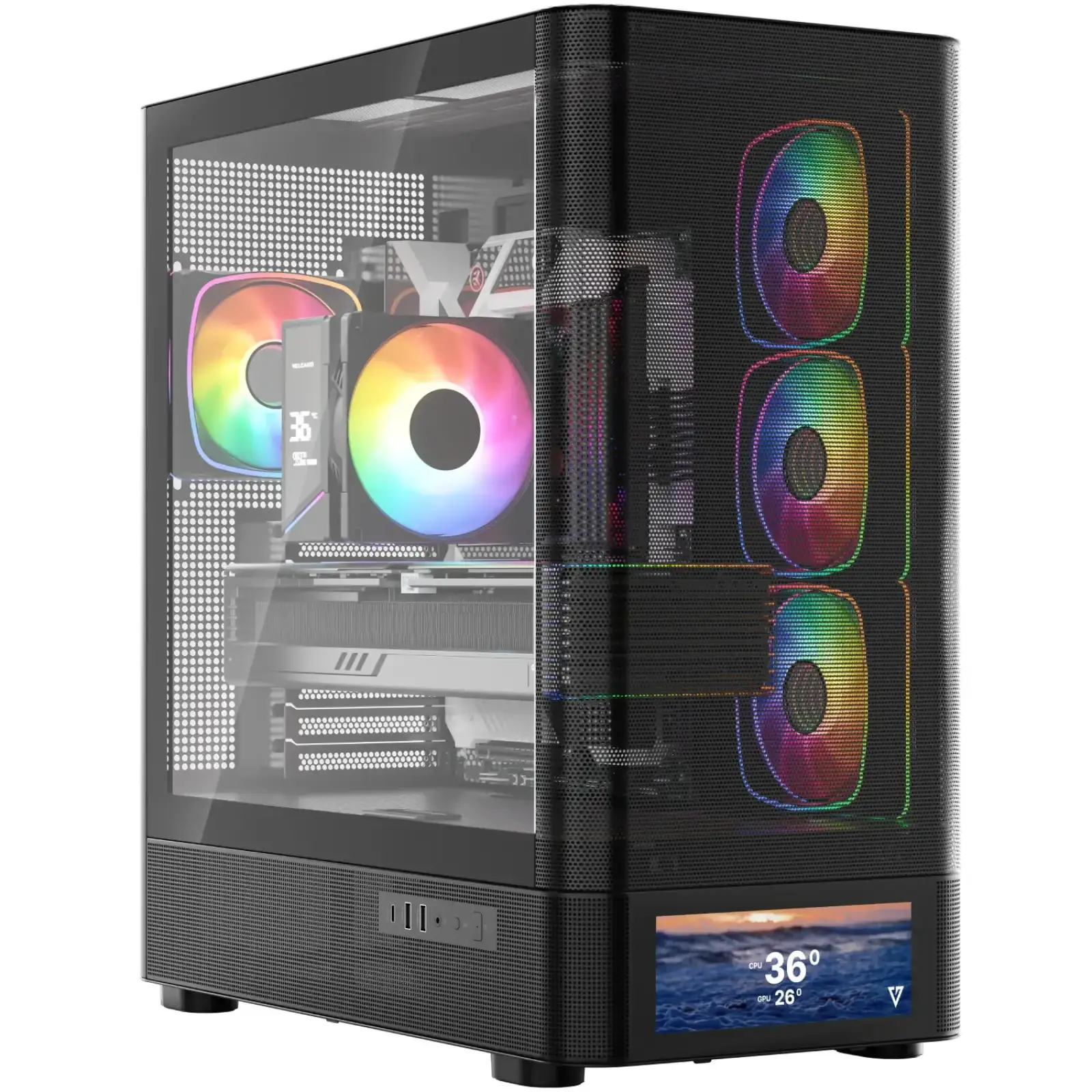 Корпус Modecom VOLCANO AQ500 ARGB MIDI FRONT LCD 6,2”, 4x120mm fans BLACK без Блок питания ATX (MC-A-AQ500-4FA-B) UA