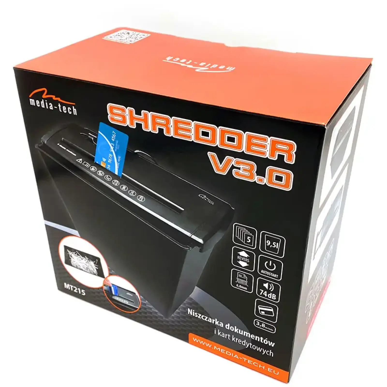 Знищувач документів Media-Tech MT215, A4, 80g х 5, CD/DVD, 9,5 л., P-1, O-1 UA
