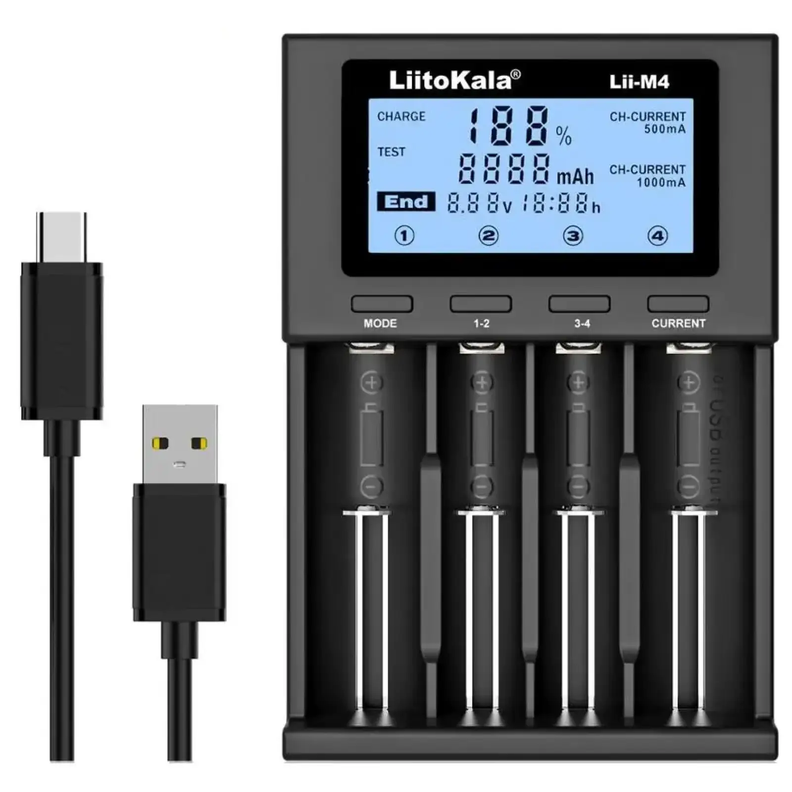 Зарядний пристрій LiitoKala Lii-M4, 4x(Lion/NiMH/NiCd), Power Bank, discharge function, display UA