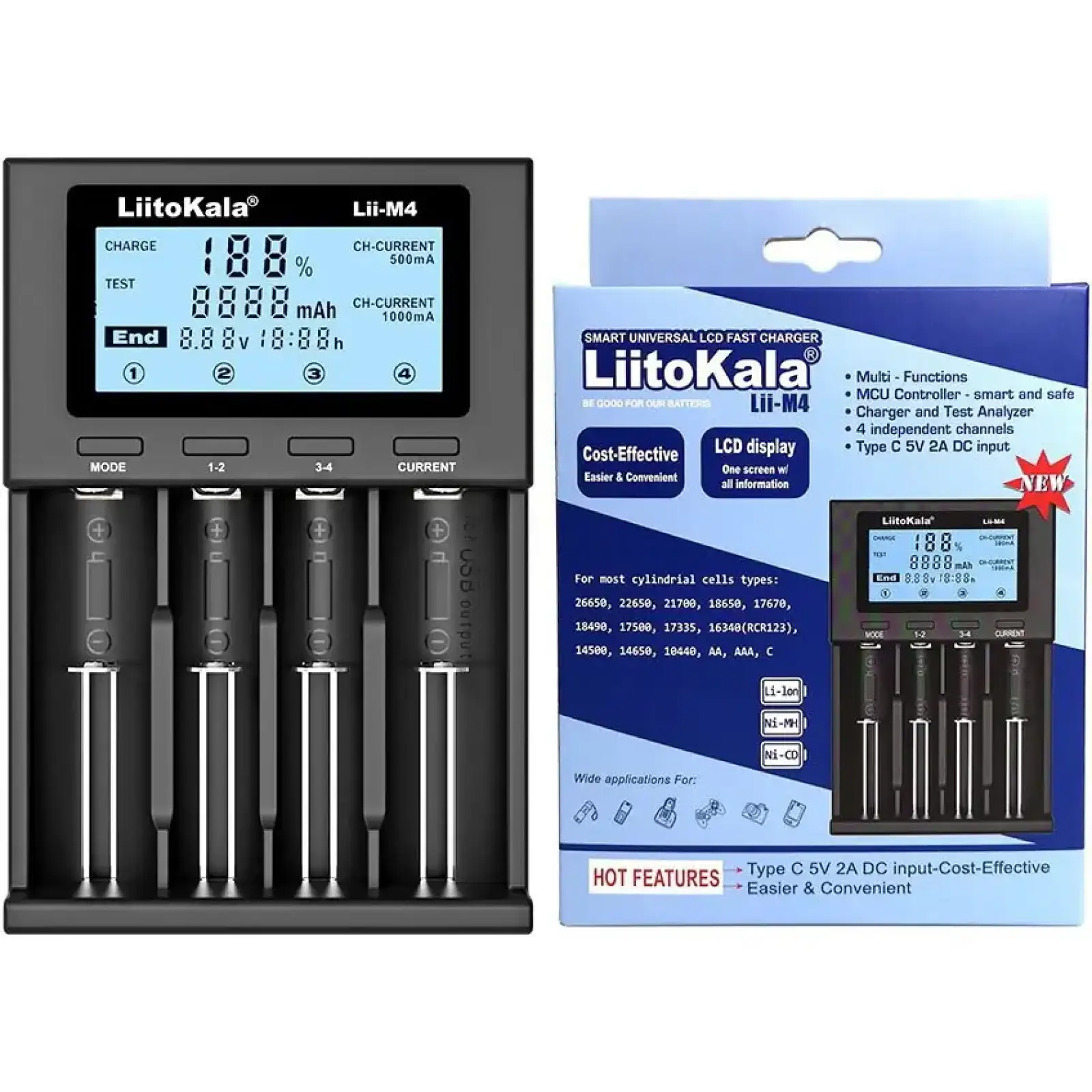Зарядний пристрій LiitoKala Lii-M4, 4x(Lion/NiMH/NiCd), Power Bank, discharge function, display UA