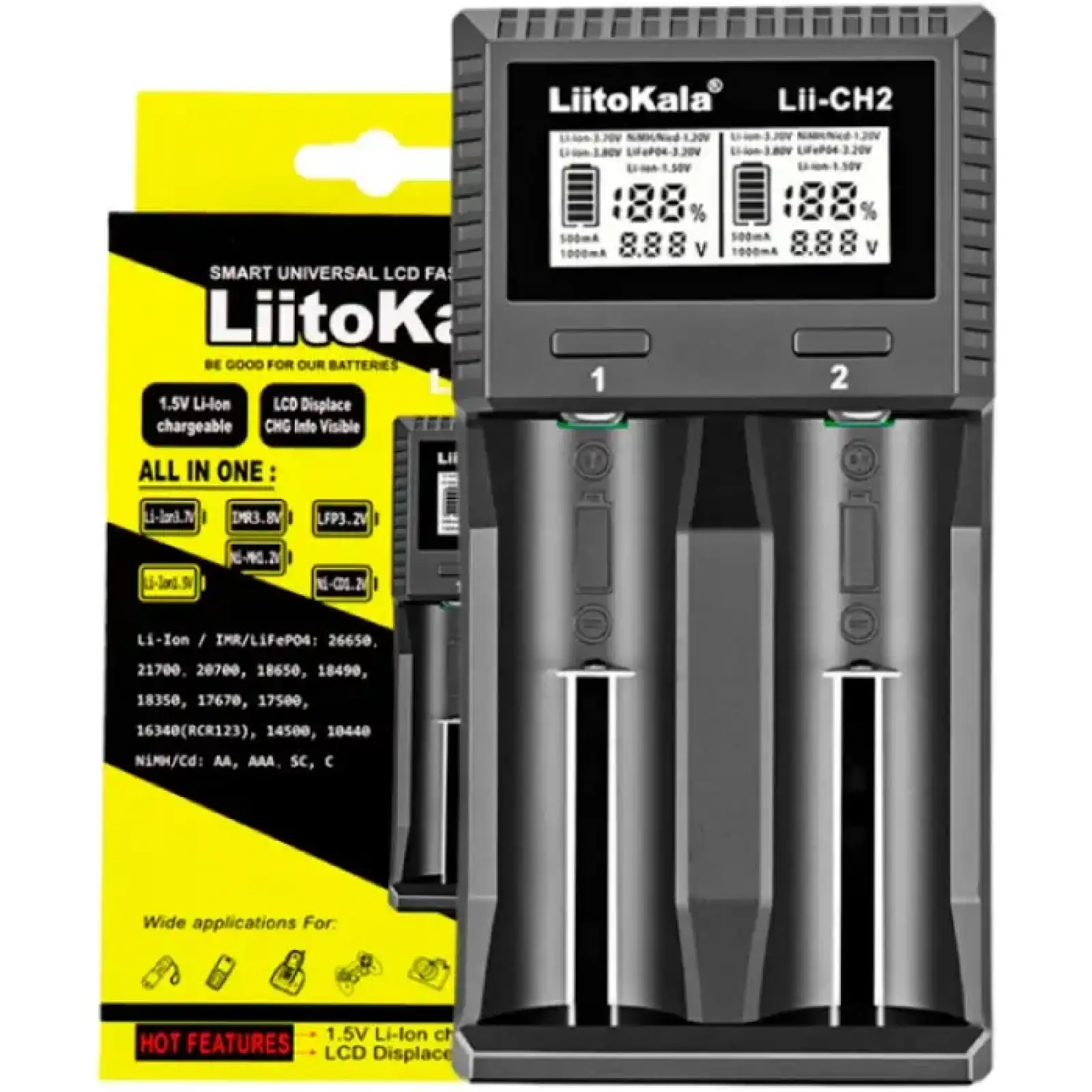 Зарядний пристрій LiitoKala Lii-CH2, 18650, 26650, 21700, АА, ААА Li-ion (1.5V), LiFePO4, NiMH акум UA