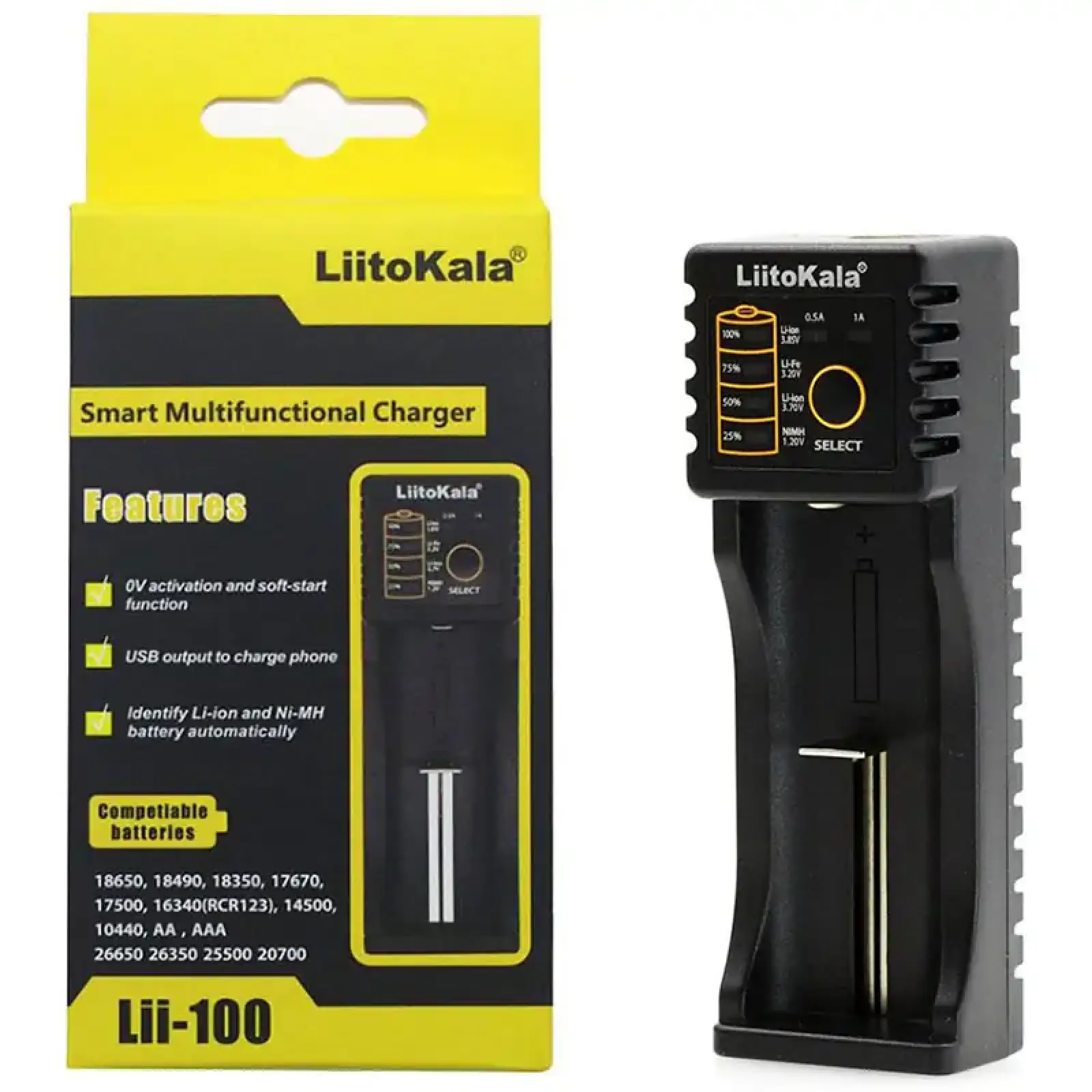 Зарядний пристрій LiitoKala Lii-100, 1x(Lion/NiMH/NiCd), 1A, Power Bank function UA