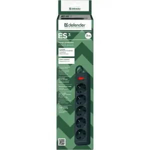 Сетевой фильтр 3.0м Defender ES3, 5 розеток, вимикач, чорний (994850) UA