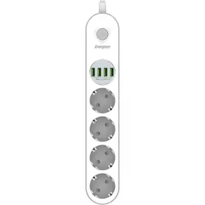 Сетевой фильтр 2.0м Energizer 4 розетки, 4xUSB 3.4A, з заземленням білий (EPB2500W00EU) UA