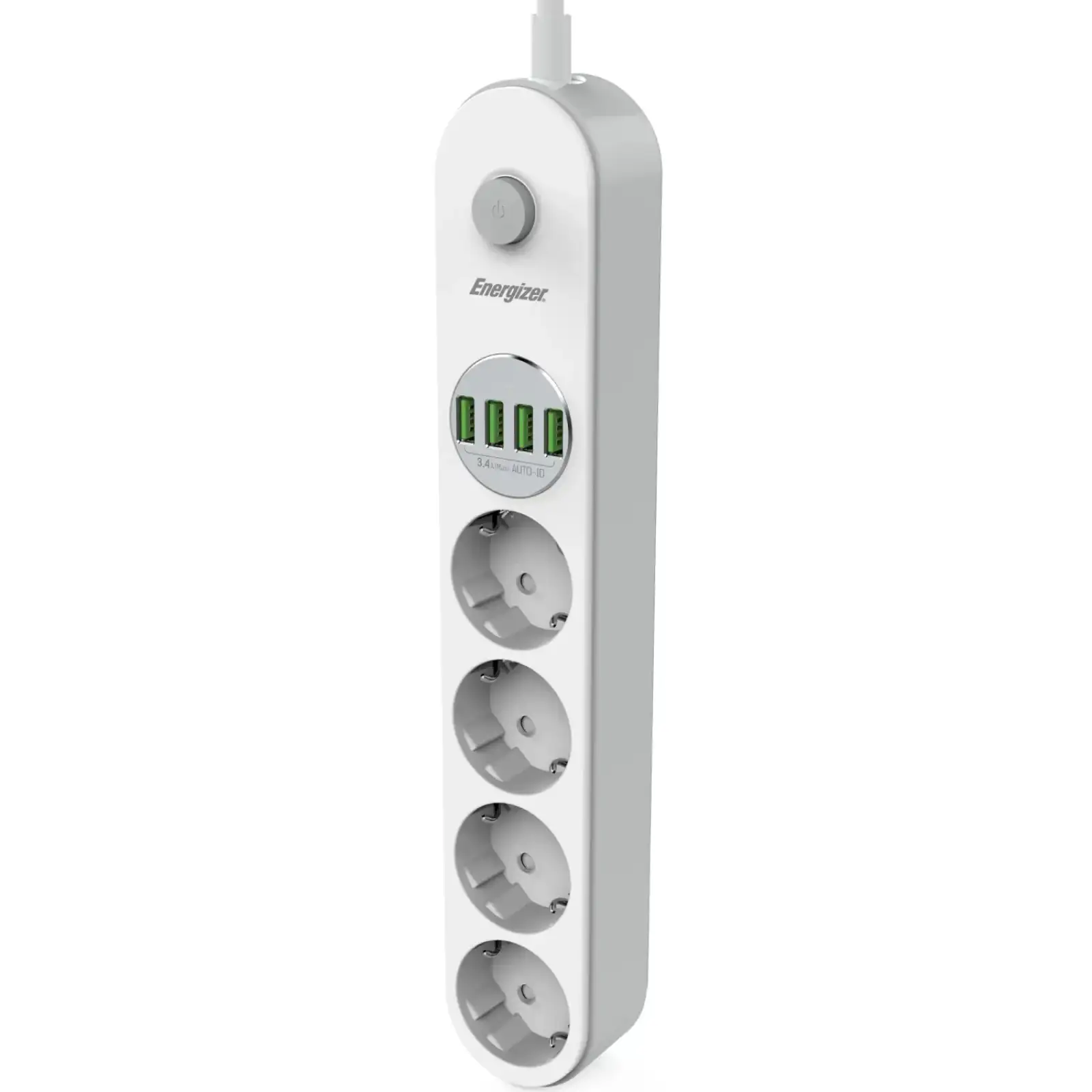 Сетевой фильтр 2.0м Energizer 4 розетки, 4xUSB 3.4A, з заземленням білий (EPB2500W00EU) UA
