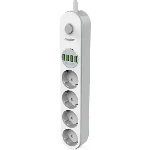 Сетевой фильтр 2.0м Energizer 4 розетки, 4xUSB 3.4A, з заземленням білий (EPB2500W00EU) UA