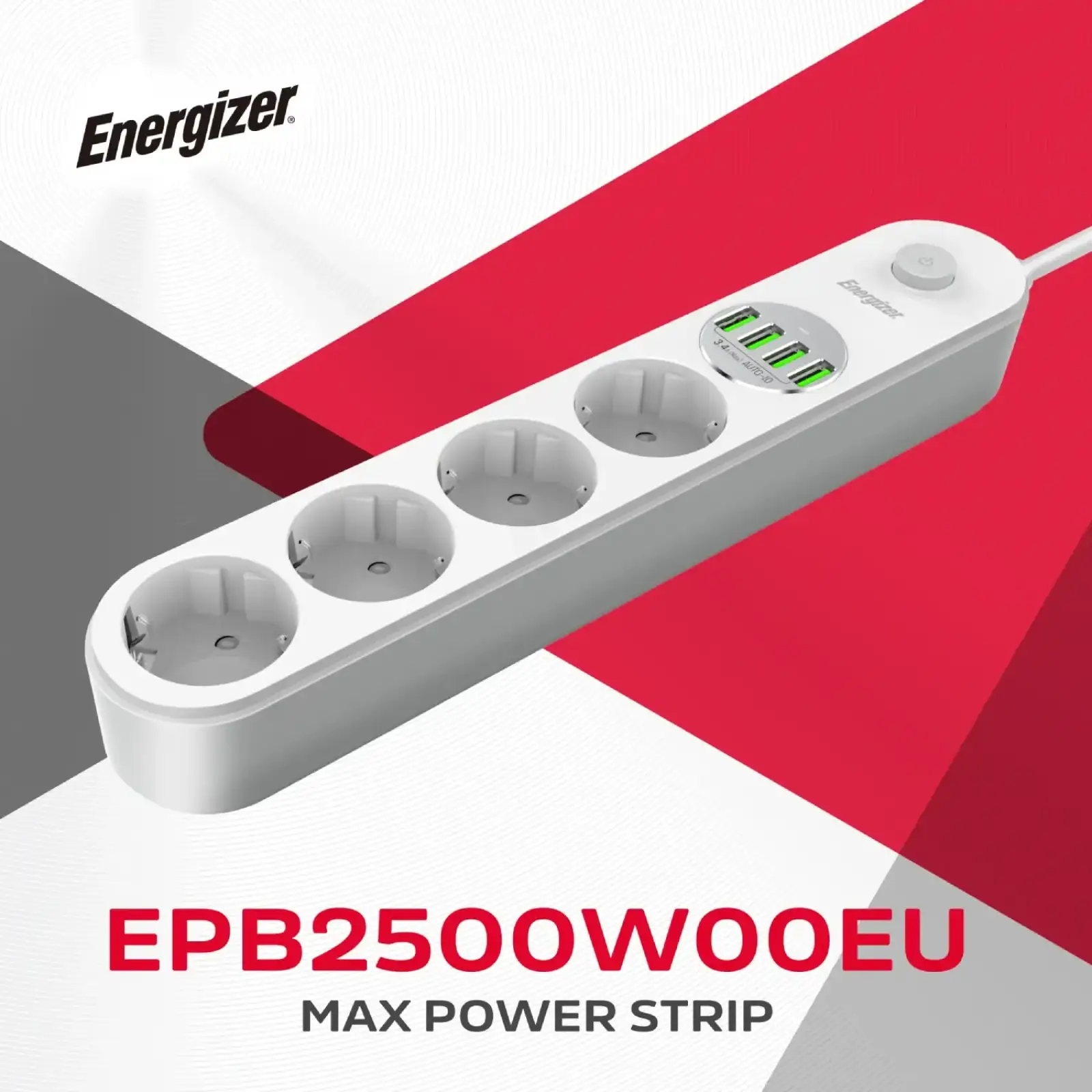 Сетевой фильтр 2.0м Energizer 4 розетки, 4xUSB 3.4A, з заземленням білий (EPB2500W00EU) UA