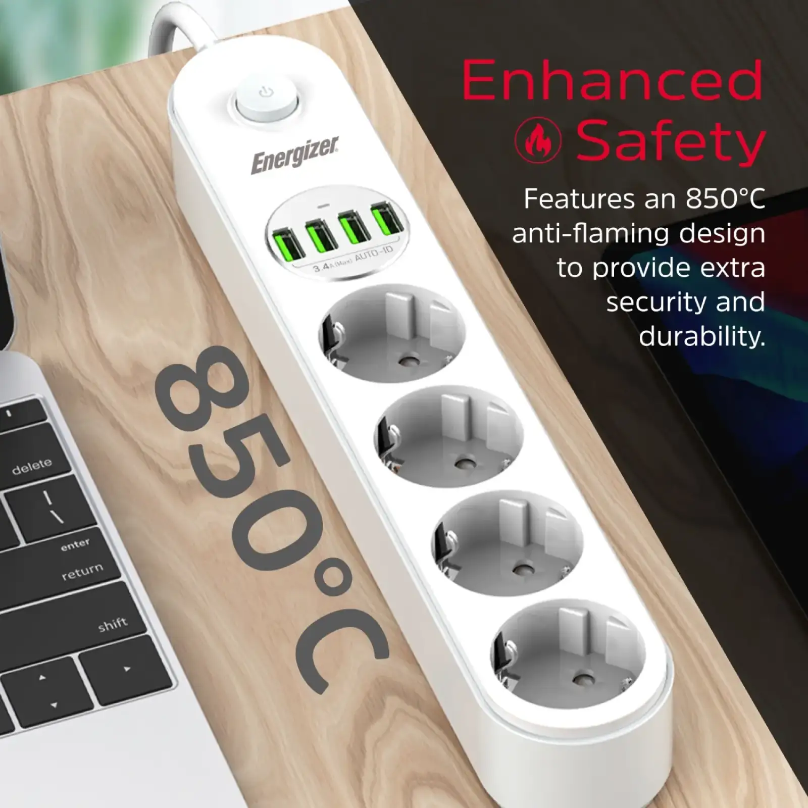 Сетевой фильтр 2.0м Energizer 4 розетки, 4xUSB 3.4A, з заземленням білий (EPB2500W00EU) UA