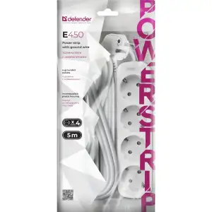 Сетевой фильтр 5.0м Defender E450, білий, 4 розетки, з заземленням (992270) UA