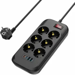 Мережевий фільтр-подовжувач СolorWay 6 розеток/4USB (Type-C 2PD20W + 2USB QC3.0) (20W) Black 2M (CW-CHE64PDB) UA