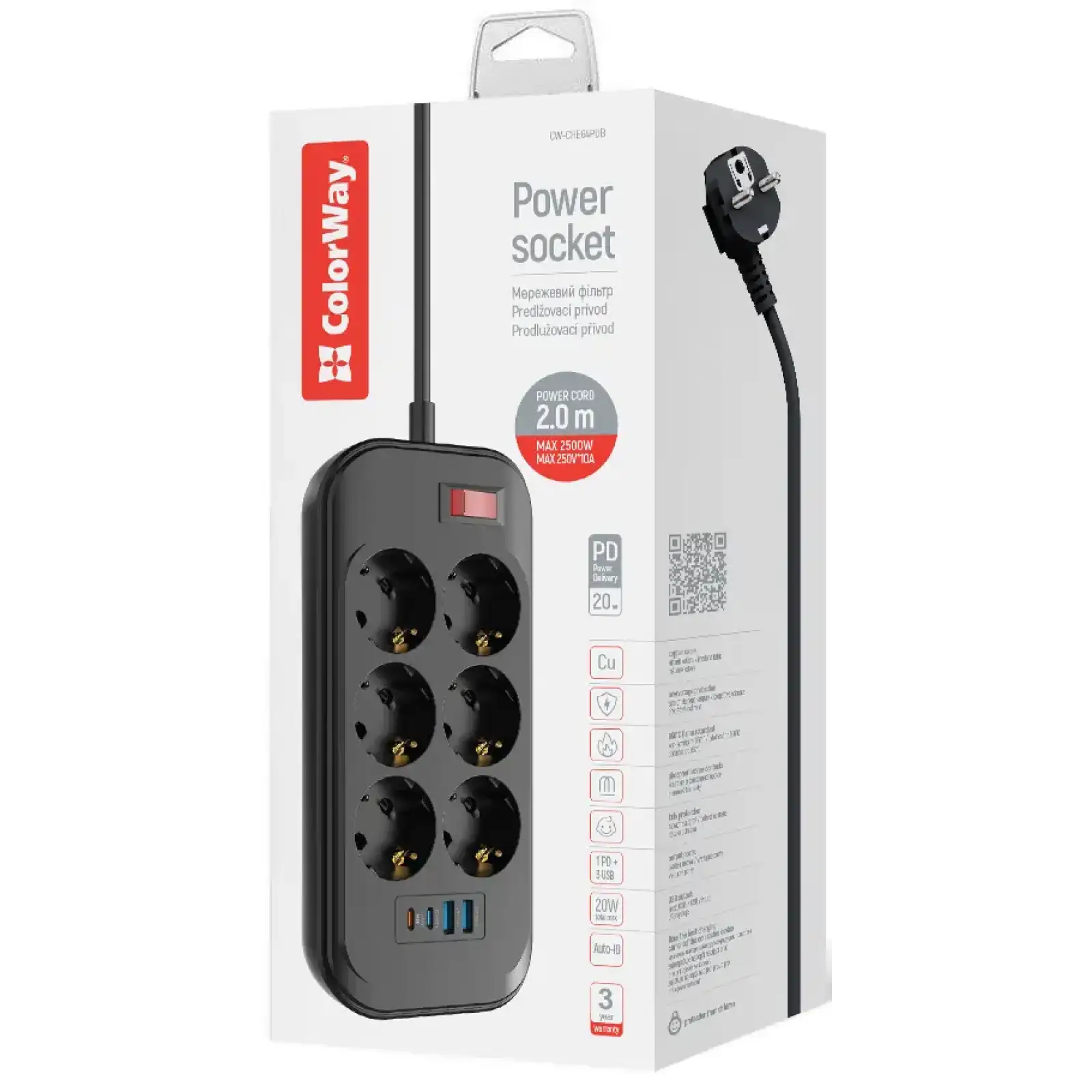Мережевий фільтр-подовжувач СolorWay 6 розеток/4USB (Type-C 2PD20W + 2USB QC3.0) (20W) Black 2M (CW-CHE64PDB) UA