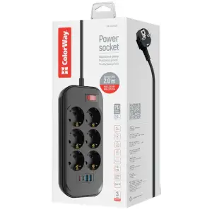 Мережевий фільтр-подовжувач СolorWay 6 розеток/4USB (Type-C 2PD20W + 2USB QC3.0) (20W) Black 2M (CW-CHE64PDB) UA