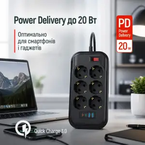 Мережевий фільтр-подовжувач СolorWay 6 розеток/4USB (Type-C 2PD20W + 2USB QC3.0) (20W) Black 2M (CW-CHE64PDB) UA
