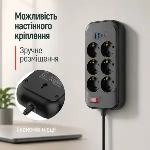 Мережевий фільтр-подовжувач СolorWay 6 розеток/4USB (Type-C 2PD20W + 2USB QC3.0) (20W) Black 2M (CW-CHE64PDB) UA