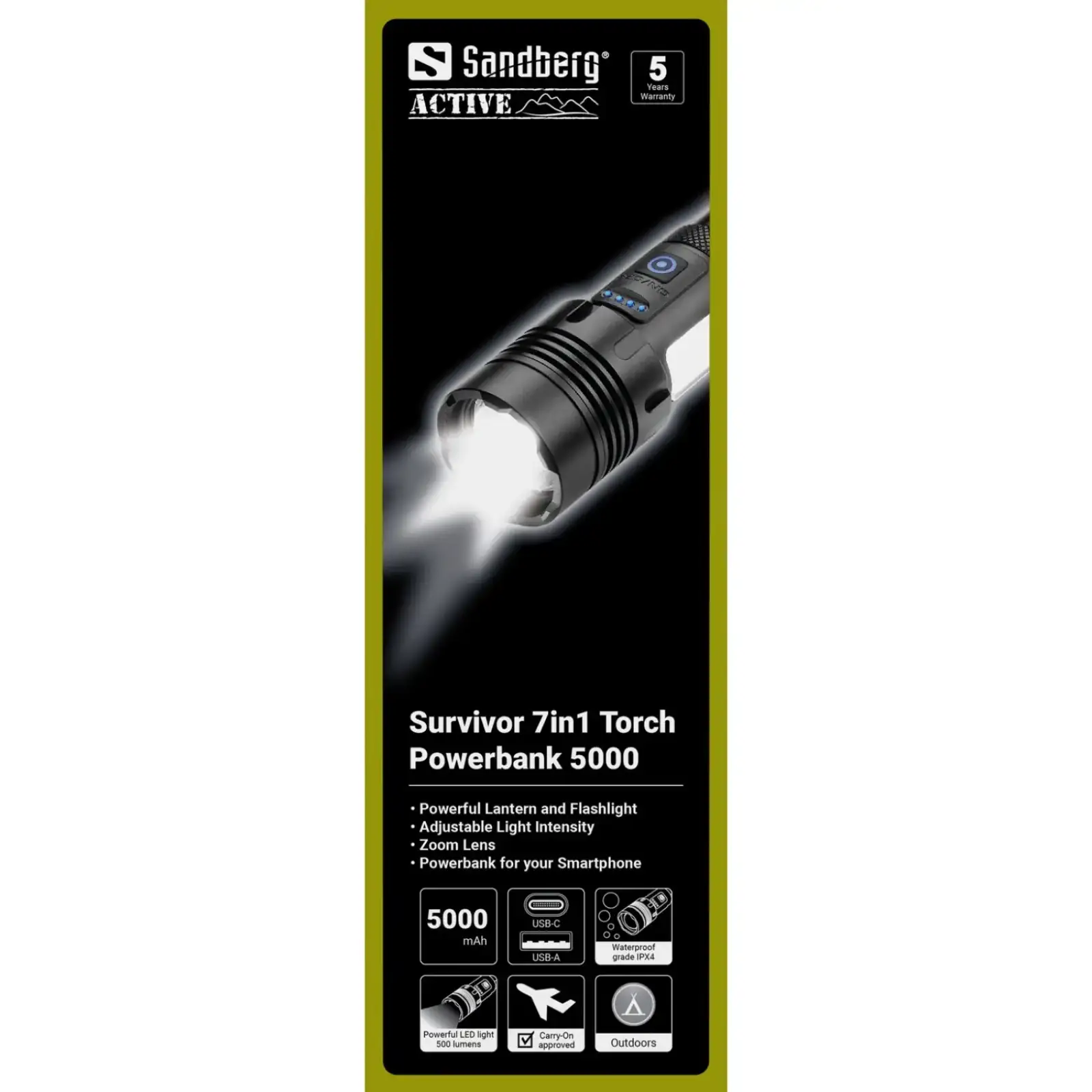 Ліхтарик-повербанк Sandberg Survivor 7 in 1 Torch Powerbank 5000 mAh XHP50 LED USB-C 5W (421-08) UA
