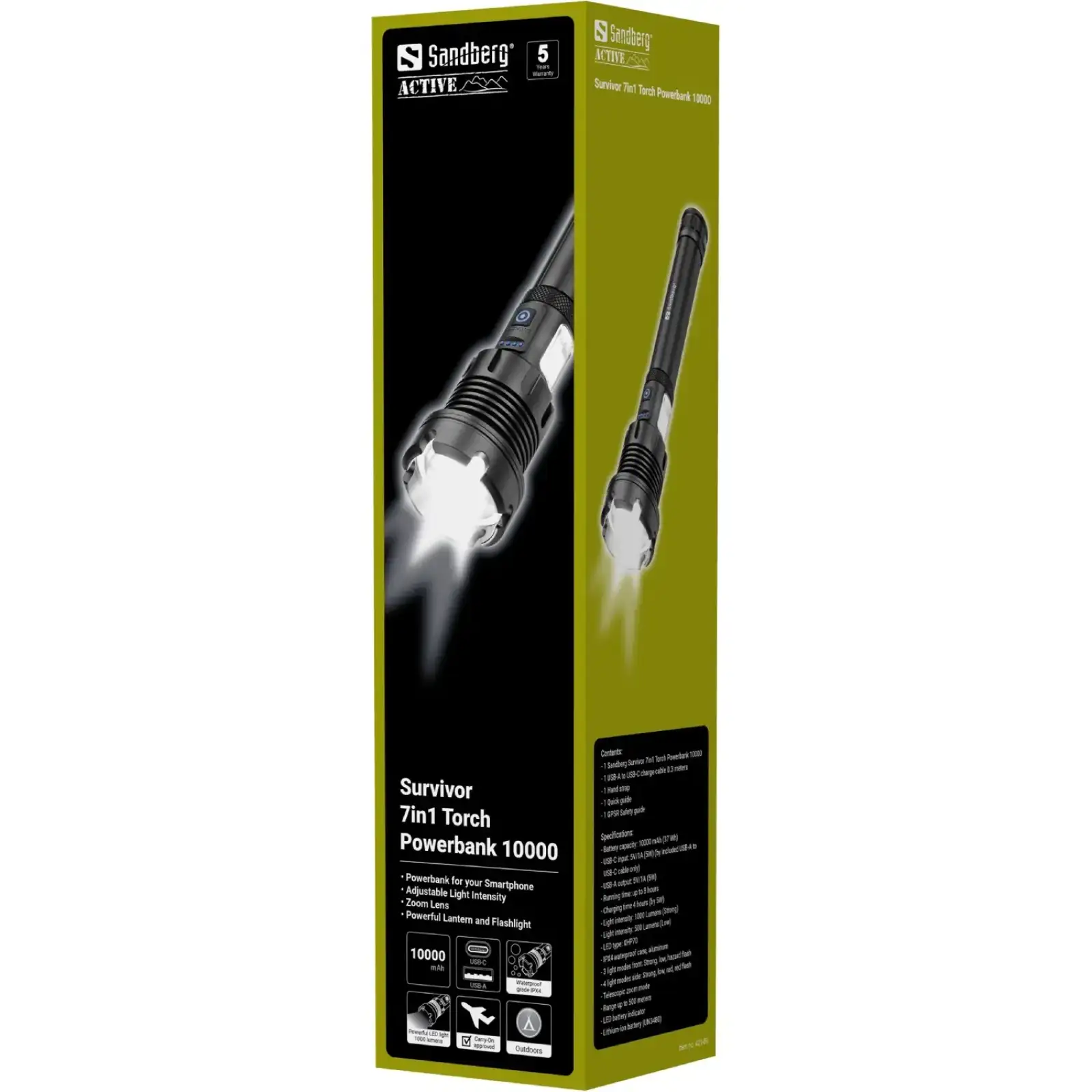 Ліхтарик-повербанк Sandberg Survivor 7 in 1 Torch Powerbank 10000 mAh XHP70 LED USB-C 5W (421-09) UA