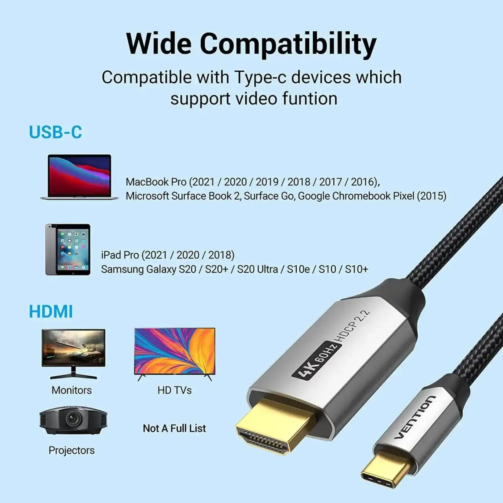 Кабель USB 3.1 Type-C M - HDMI M, 2.0m v.2.0 4K 60Hz Aluminum Alloy Type чорний Vention (CRBBH) UA