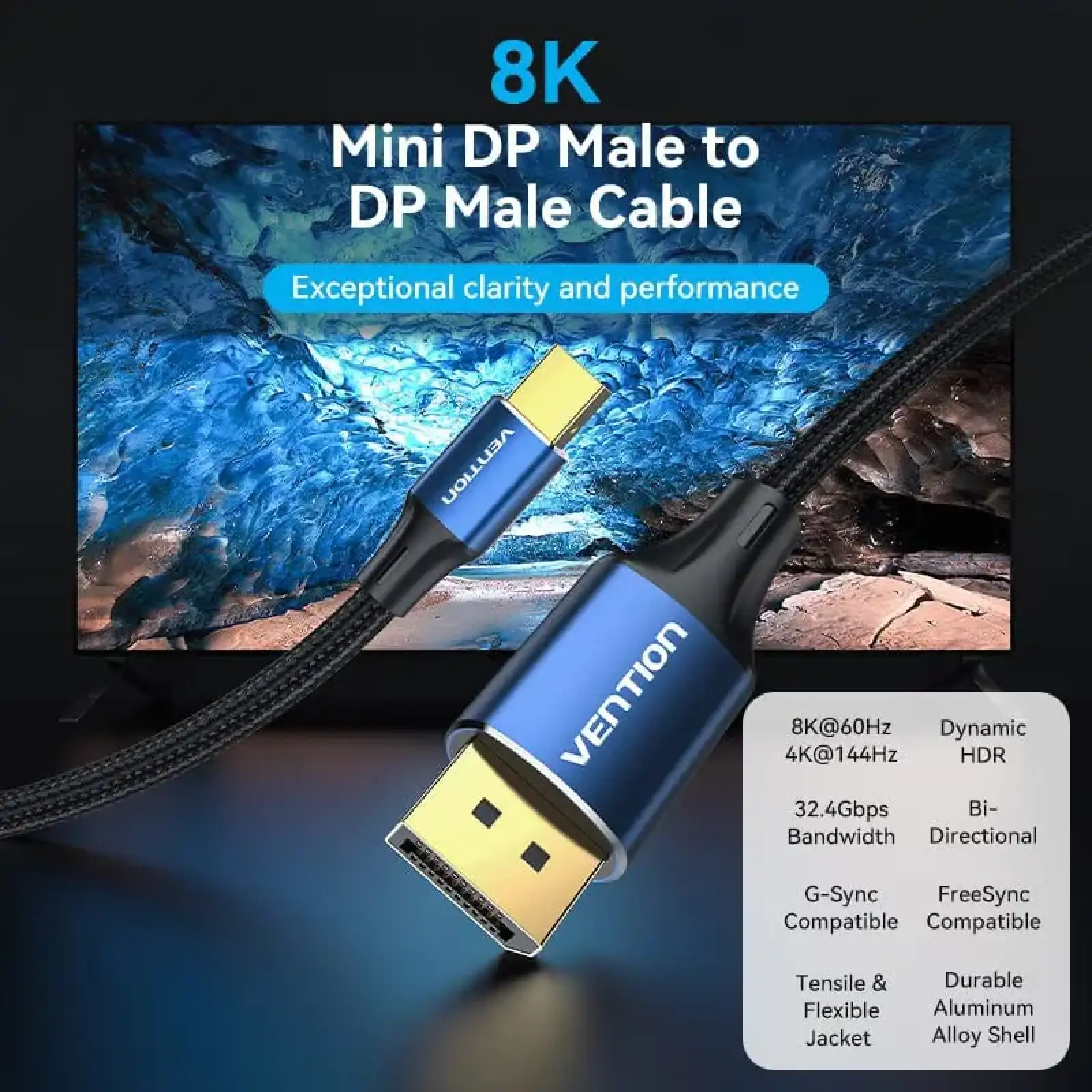 Кабель mini DisplayPort M - DisplayPort M 2.0м, 8K 60hz, (7680x4320) двонаправлений,голубий, Vention (HCFLH) UA