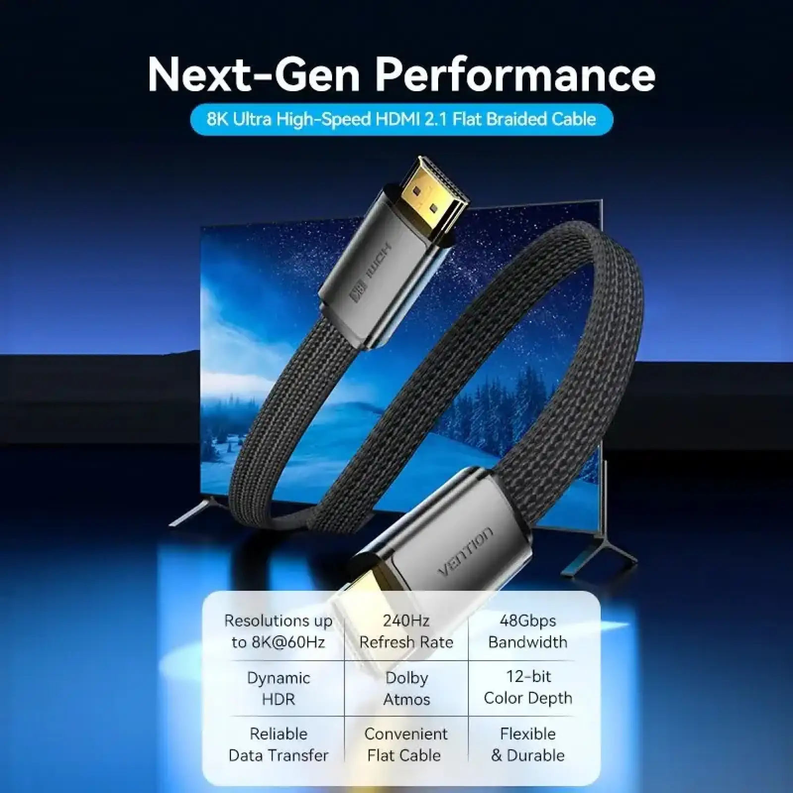 Кабель HDMI M - M, 2.0 м, V2.1, 8K 60Гц, плаский з обплетенням, Vention (ALKBH) UA