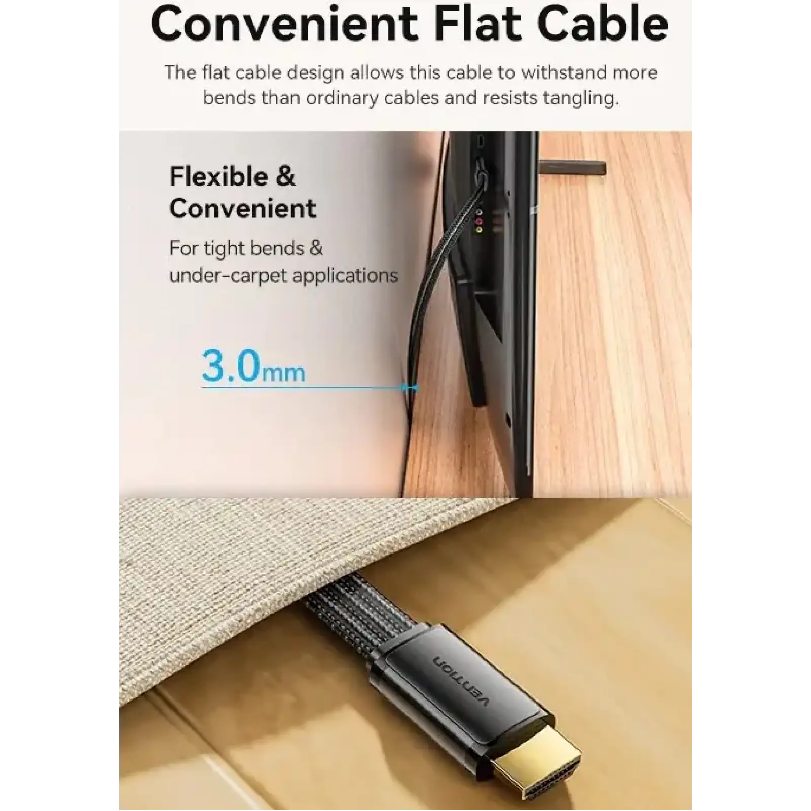 Кабель HDMI M - M, 2.0 м, V2.1, 8K 60Гц, плаский з обплетенням, Vention (ALKBH) UA