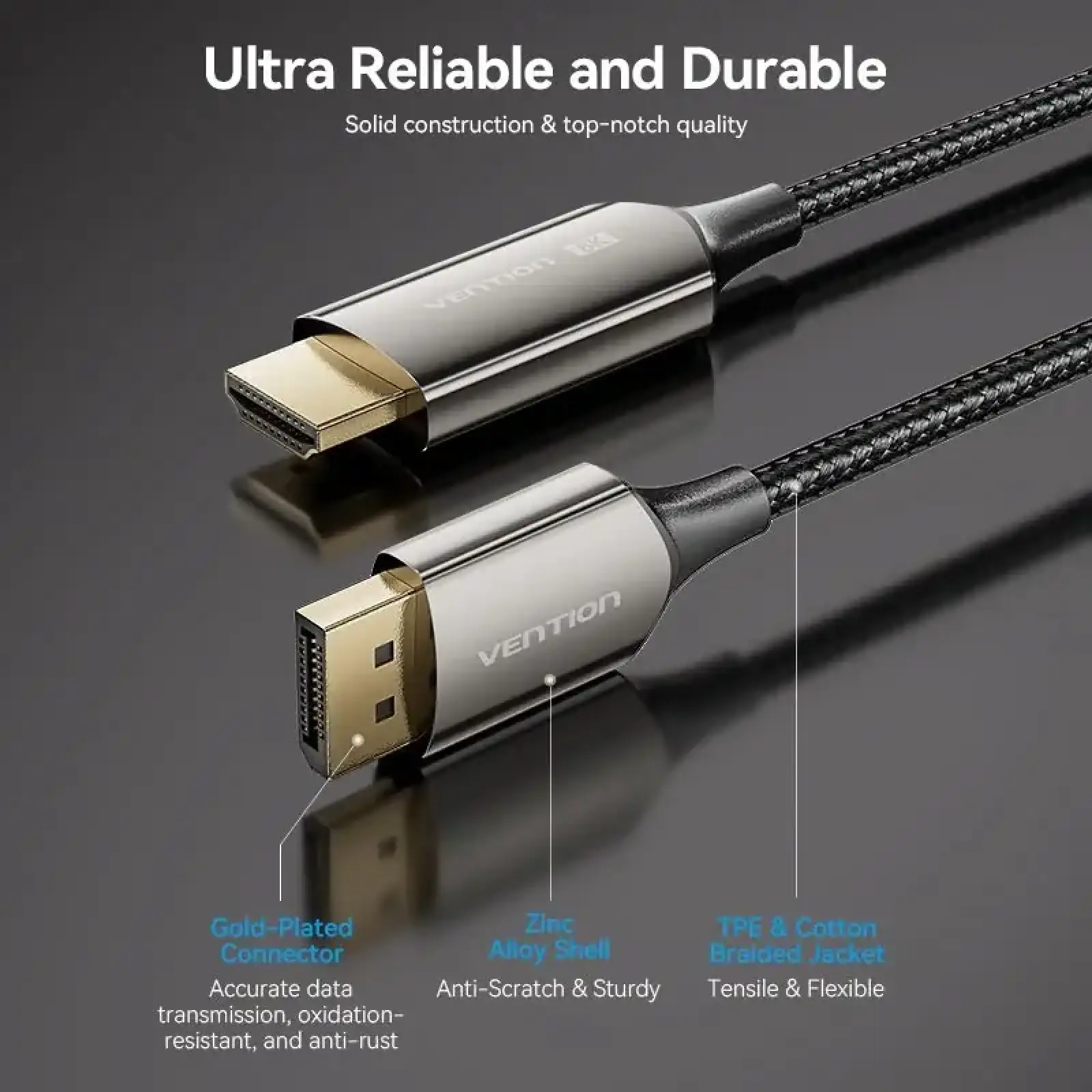 Кабель DisplayPort M - HDMI M V1.4, 1.8м, 8K 60hz,Dynamic HDR, нейлонове обплетення, чорний, Vention (HFPBAC) UA