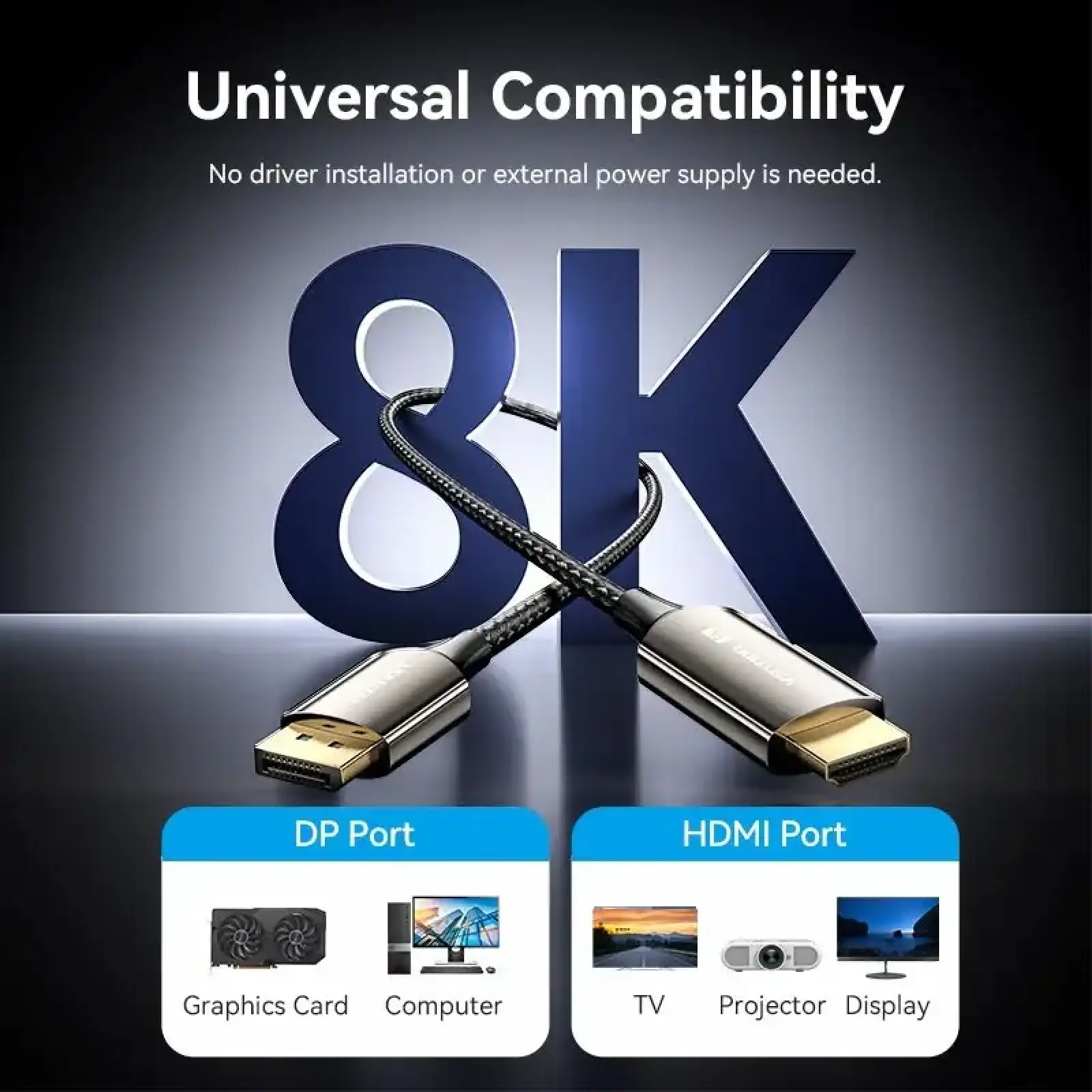 Кабель DisplayPort M - HDMI M V1.4, 1.8м, 8K 60hz,Dynamic HDR, нейлонове обплетення, чорний, Vention (HFPBAC) UA