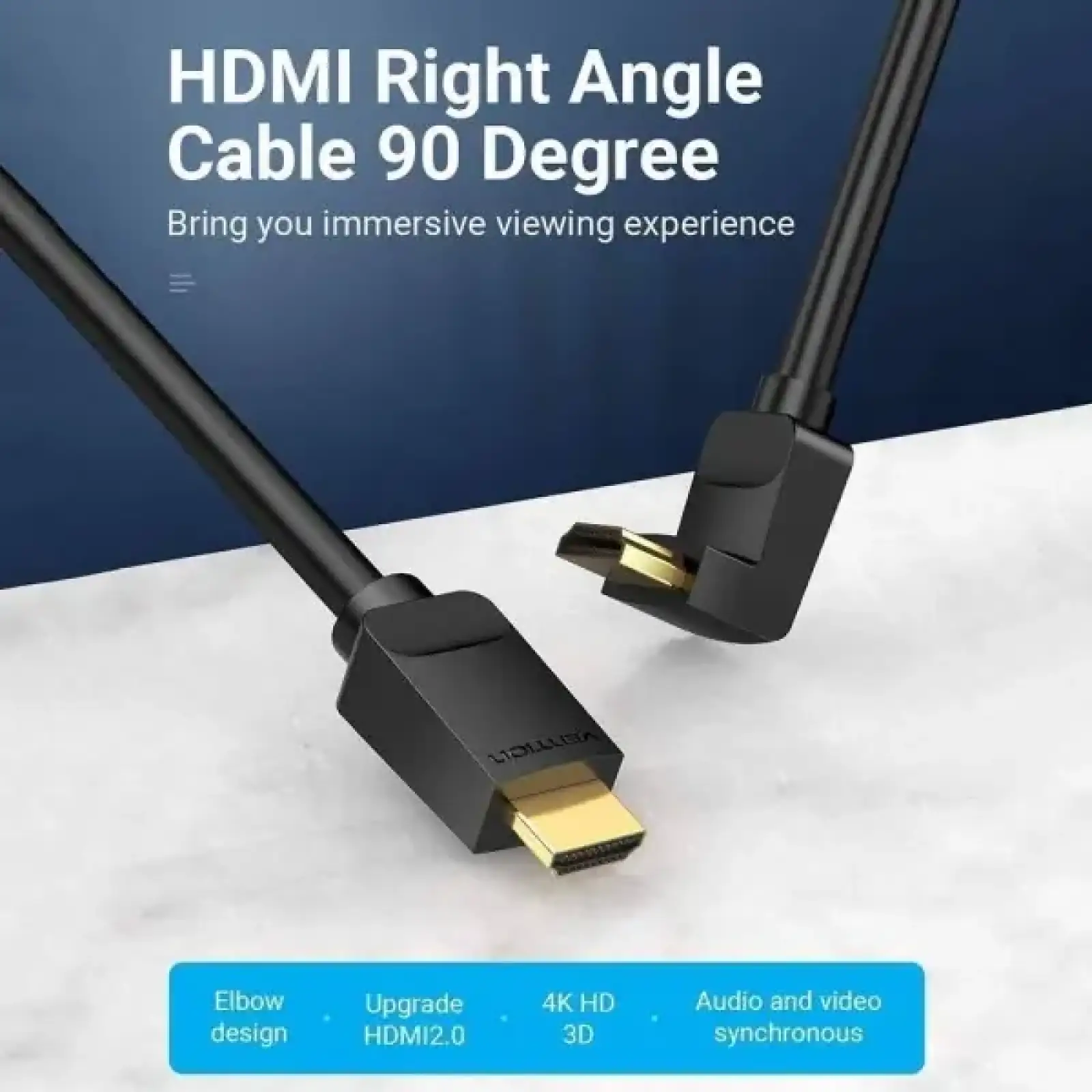 Кабель HDMI M - M, 2.0 м, V2.0, 4K 60Гц, кут 90°, PVC, чорний Vention (AARBH) UA