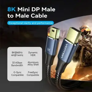 Кабель DisplayPort mini M - mini M 2.0м, V1.4, 8K 60Гц 32.4Gbps Blue Aluminum Alloy, Vention (HCGLH) UA
