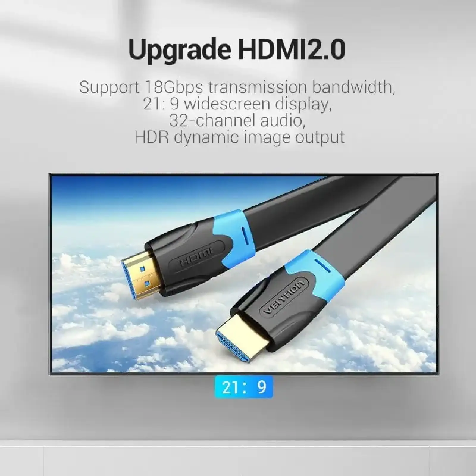 Кабель HDMI M - M, 3.0м, V2.0, 4K 60Гц, PVC Flat Design, Black, Vention (AAKBI) UA