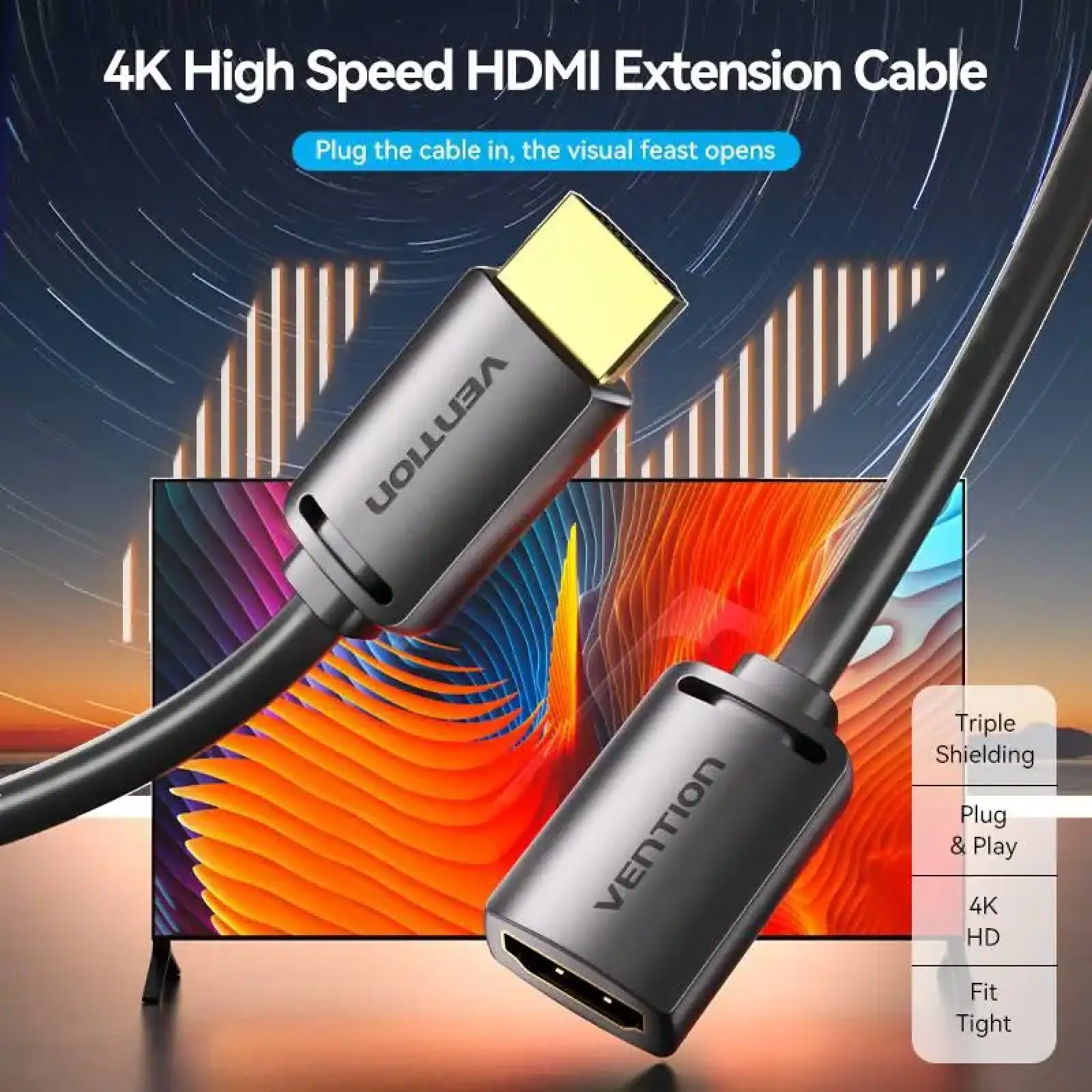Кабель продовжувач HDMI M - F V2.0, 0.5м 4K 60Гц PVC, Vention (AHCBD) UA