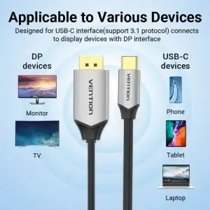 Кабель USB 3.1 Type-C M - DisplayPort M, 1.0м v.1.4 4K60Hz Aluminum Alloy чорний Vention (CGZBF) UA