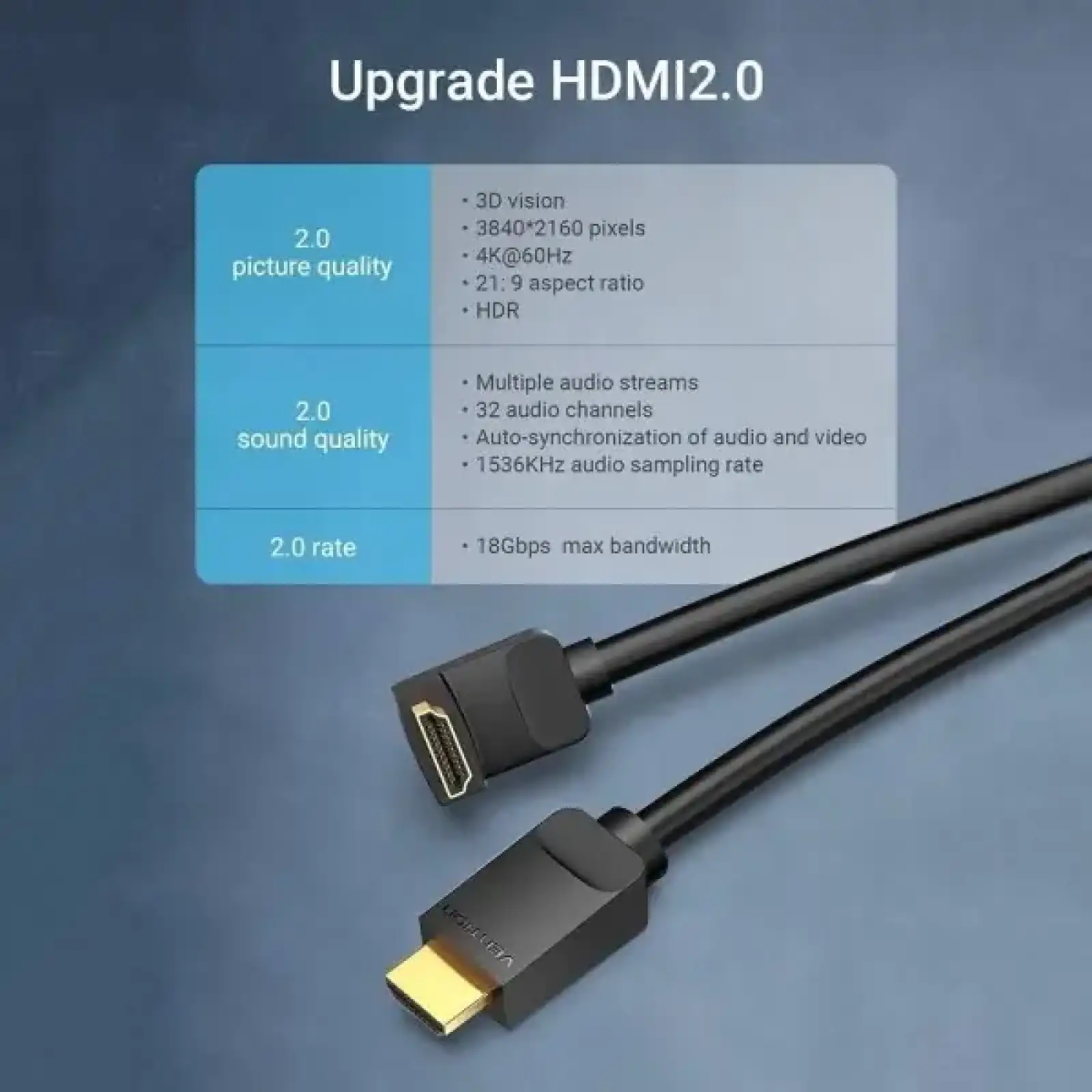 Кабель HDMI M - M, 1.0м, V2.0, 4K 60Гц, кут 90°, PVC, чорний Vention (AARBF) UA
