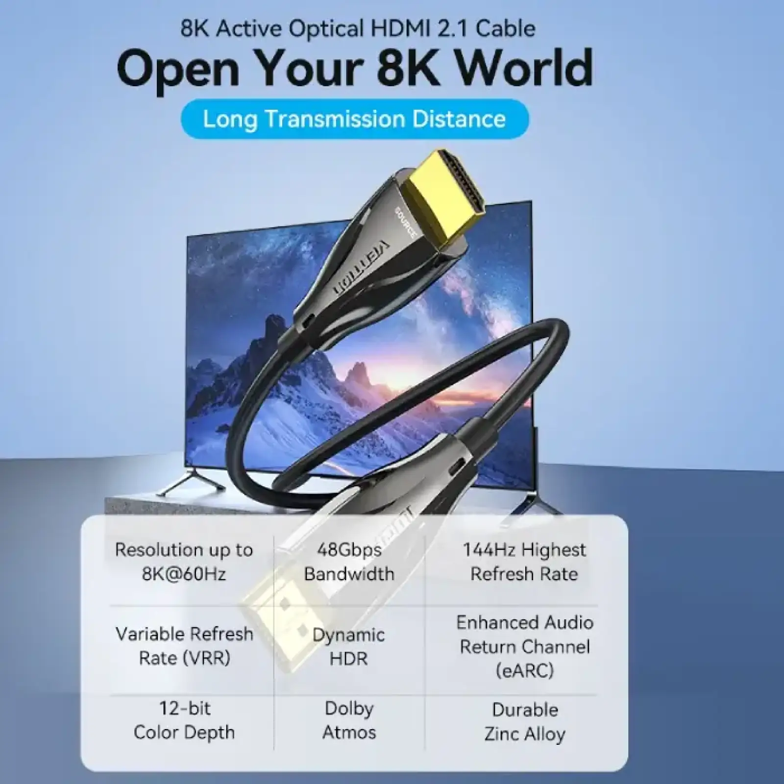 Кабель HDMI M - M, 15.0 м, V2.1, Optical 8K 60Гц 48Gbps Dolby 7.1 TPE Black Zinc Alloy Vention (ALBBN) UA