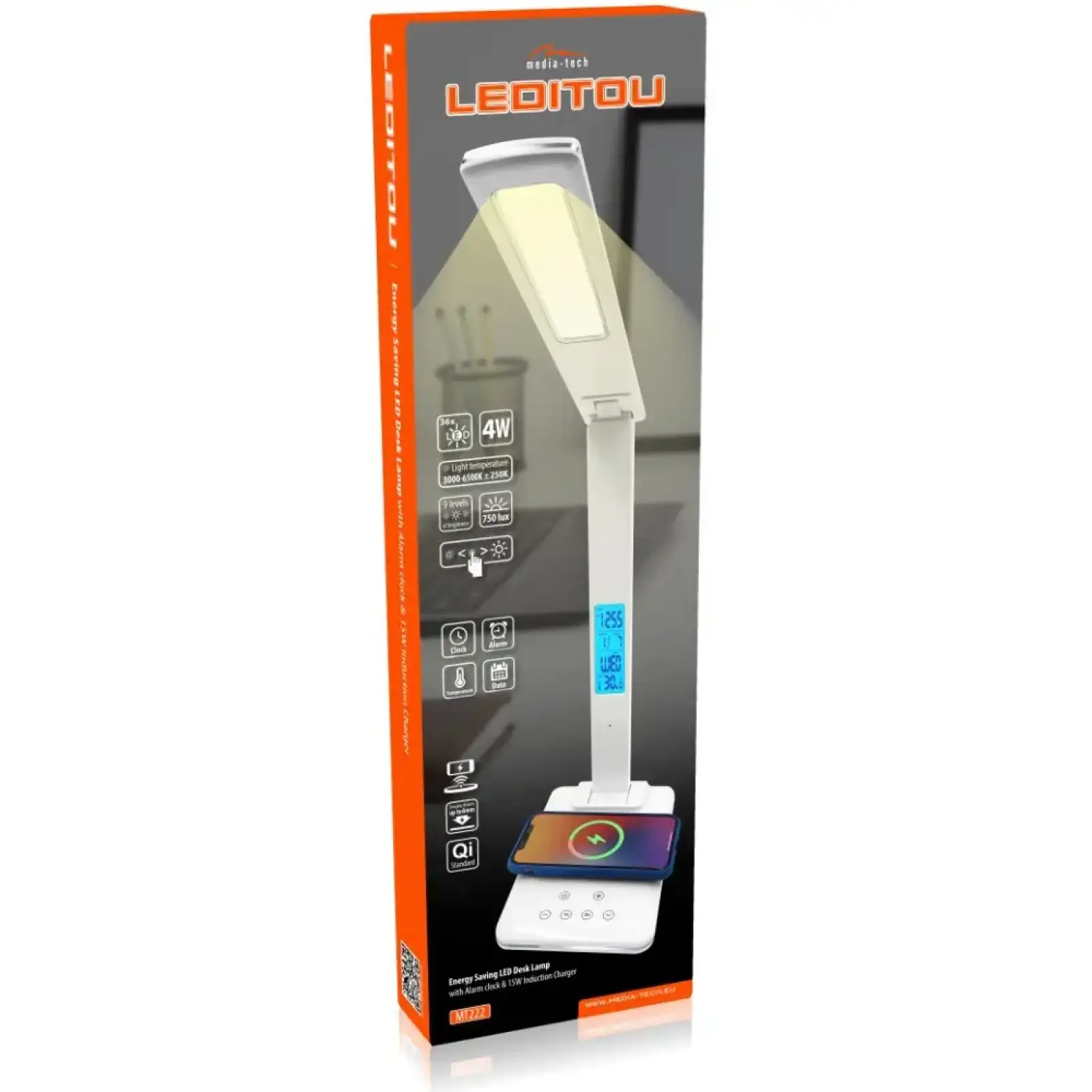 LED лампа настільна Media-Tech LEDITOU MT222, 4W 6500K, 15W QI з вбудованим WRL, біла UA