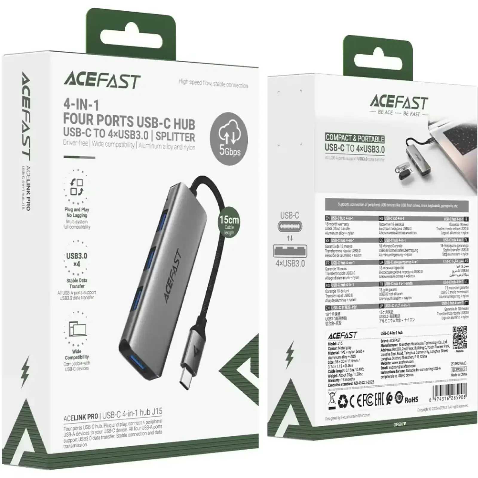 Хаб USB 3.0 -> 4xUSB-A 3.0, 1м, Black J15 Acefast (6974316285908) UA