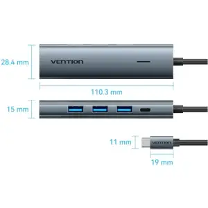 Хаб USB 3.0 Type-C -> 4xUSB 3.0/1xUSB-C, 5Gbps, Black Vention (TGZHB) UA