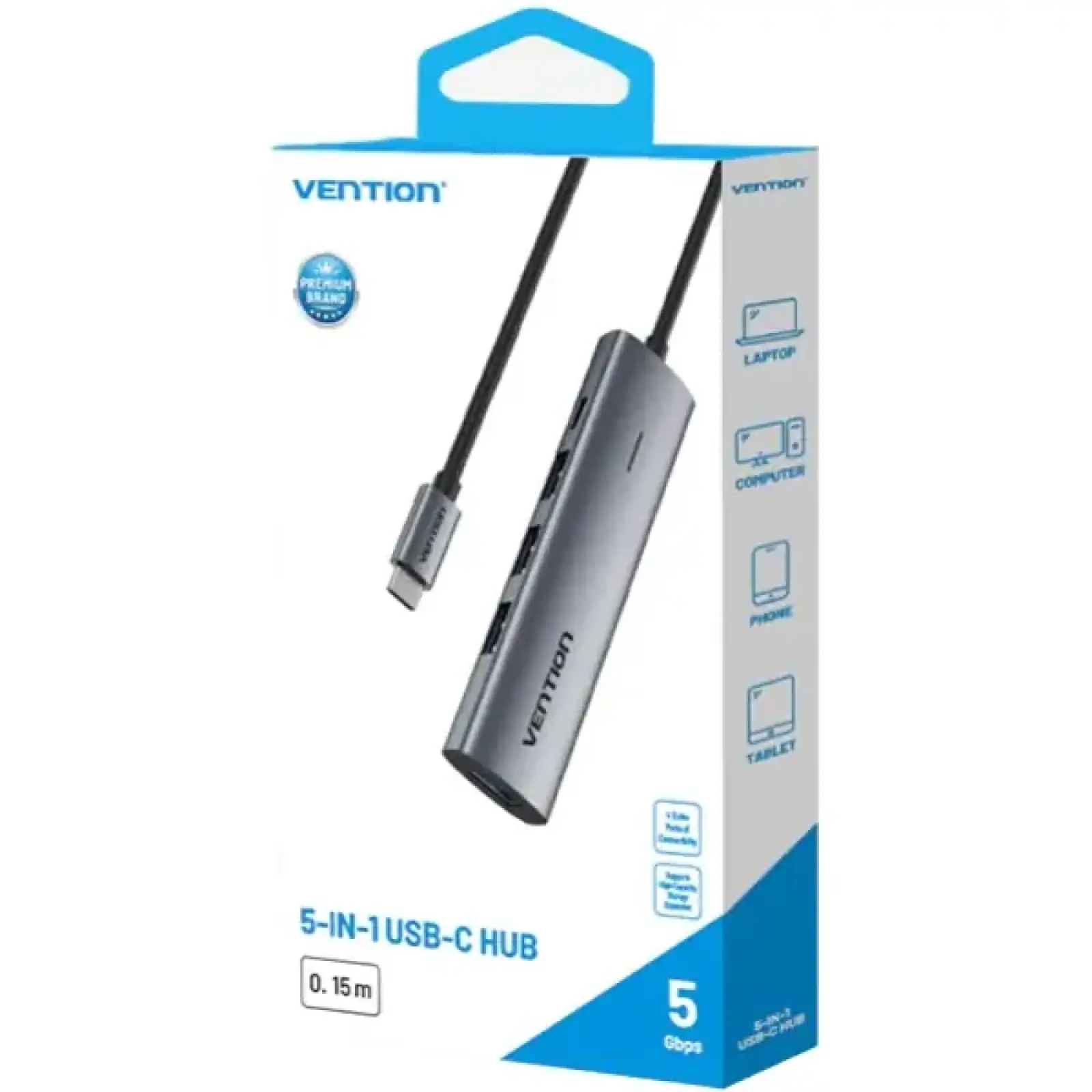 Хаб USB 3.0 Type-C -> 4xUSB 3.0/1xUSB-C, 5Gbps, Black Vention (TGZHB) UA