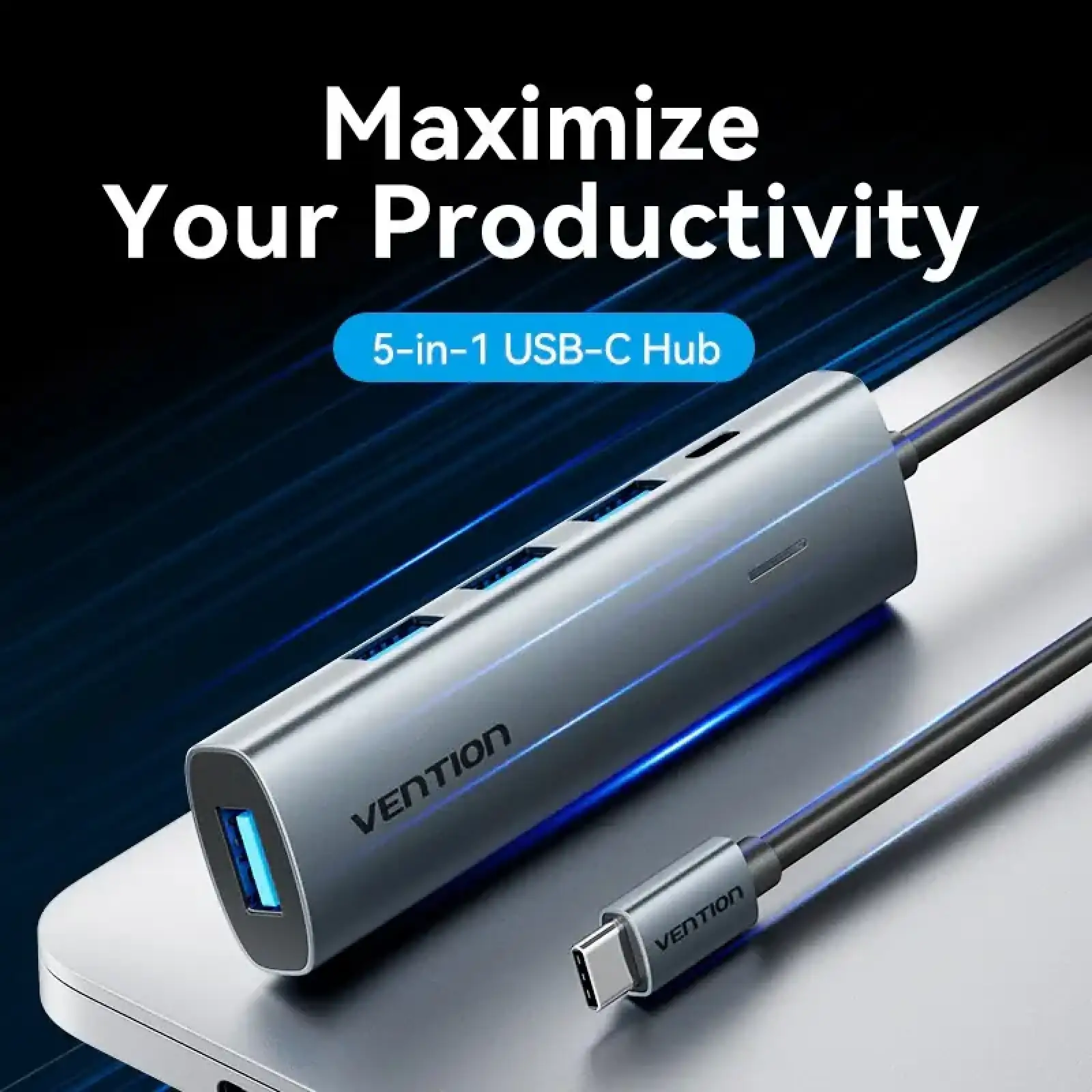 Хаб USB 3.0 Type-C -> 4xUSB 3.0/1xUSB-C, 5Gbps, Black Vention (TGZHB) UA