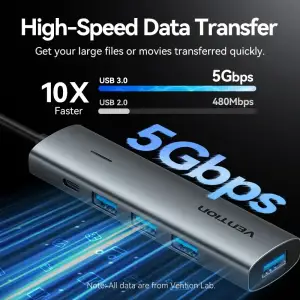 Хаб USB 3.0 Type-C -> 4xUSB 3.0/1xUSB-C, 5Gbps, Black Vention (TGZHB) UA
