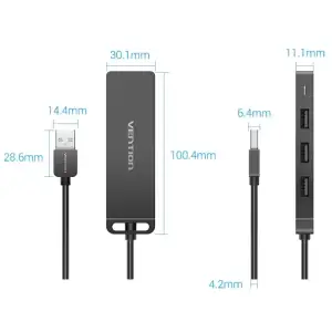 Хаб USB 2.0 -> 4xUSB 2.0, 0.15м, Black Vention (CHMBB) UA