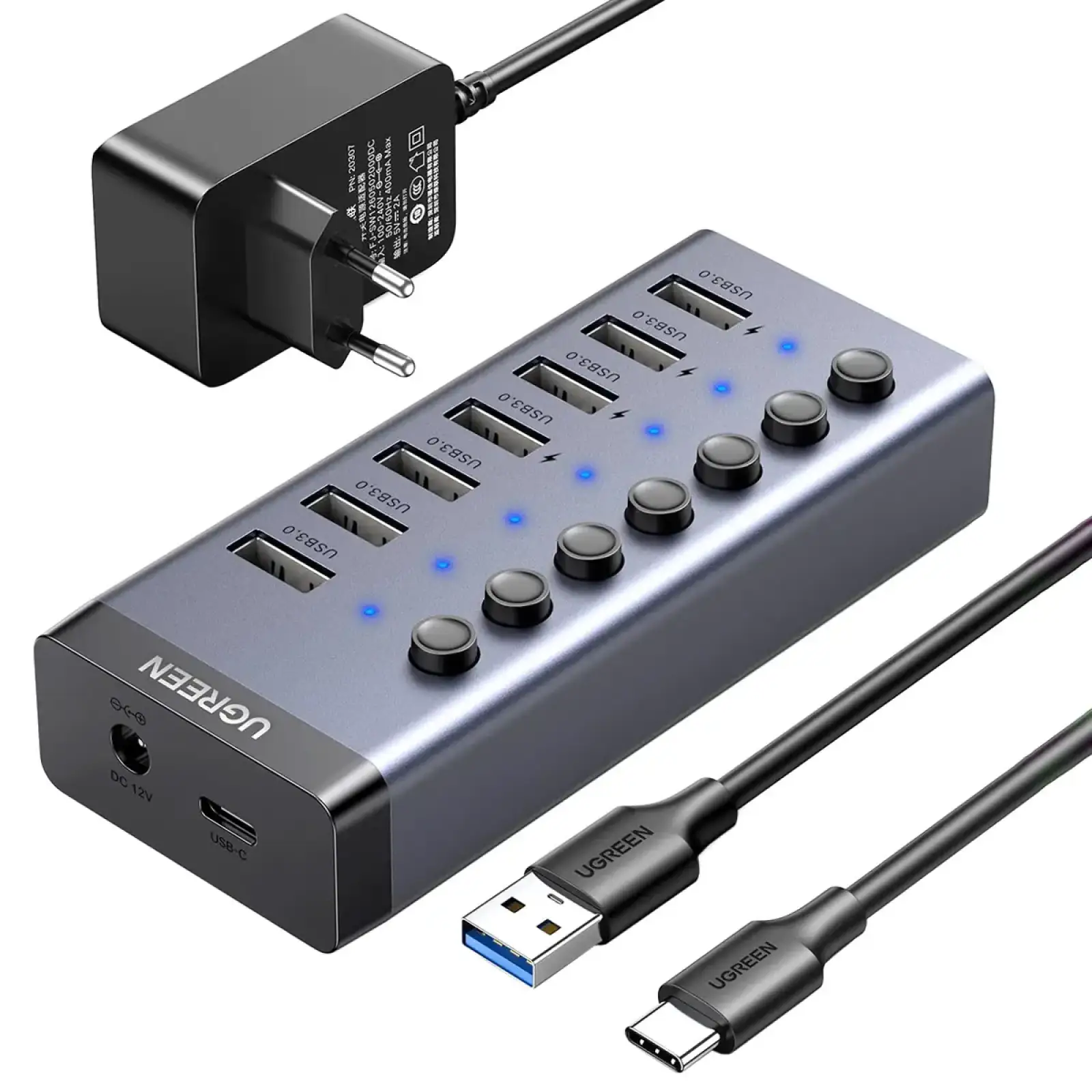 Хаб USB 3.0 -> USB to 7xUSB 3.0 з додатковим живленням Type-C 12V 2A CM481 Ugreen (90307) UA