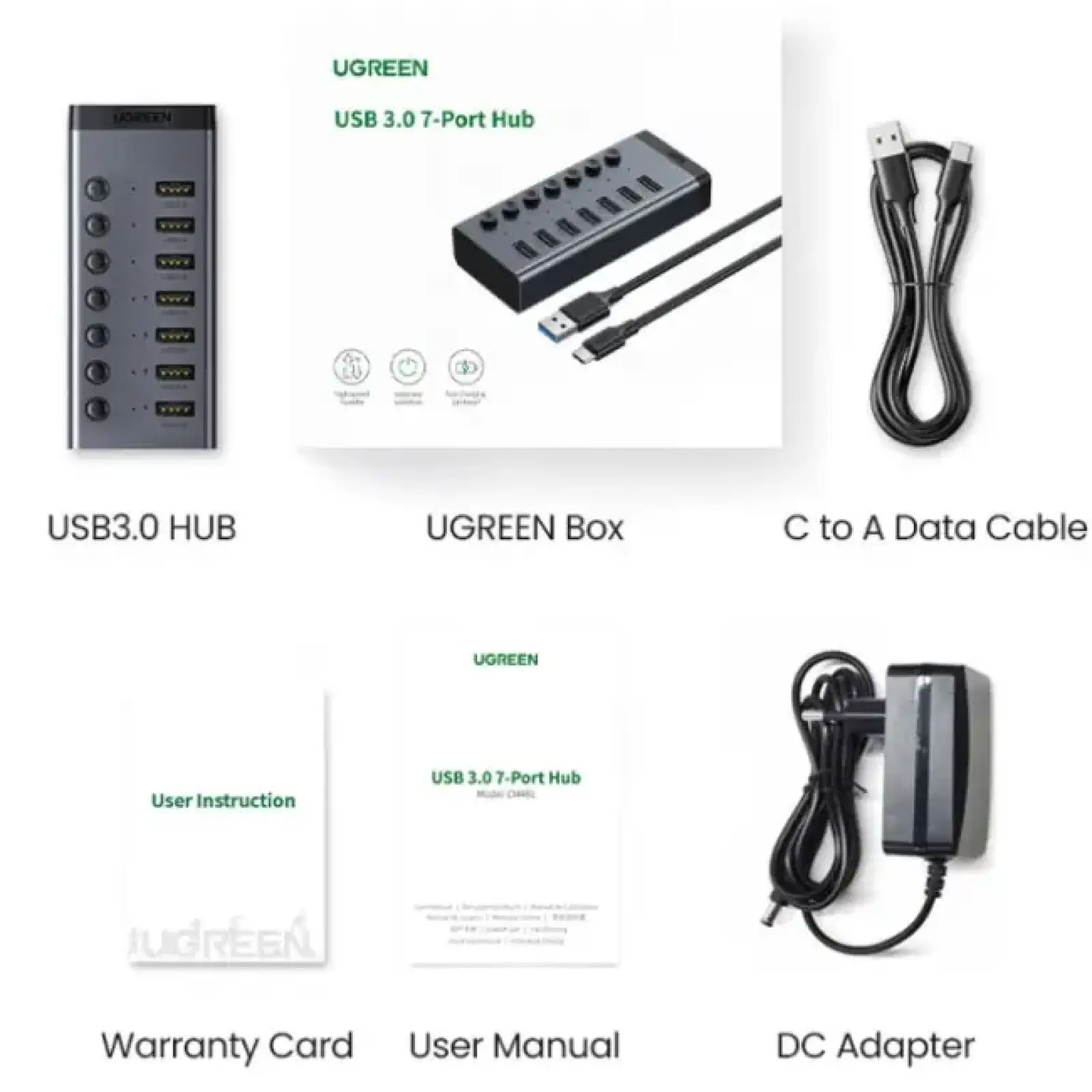 Хаб USB 3.0 -> USB to 7xUSB 3.0 з додатковим живленням Type-C 12V 2A CM481 Ugreen (90307) UA
