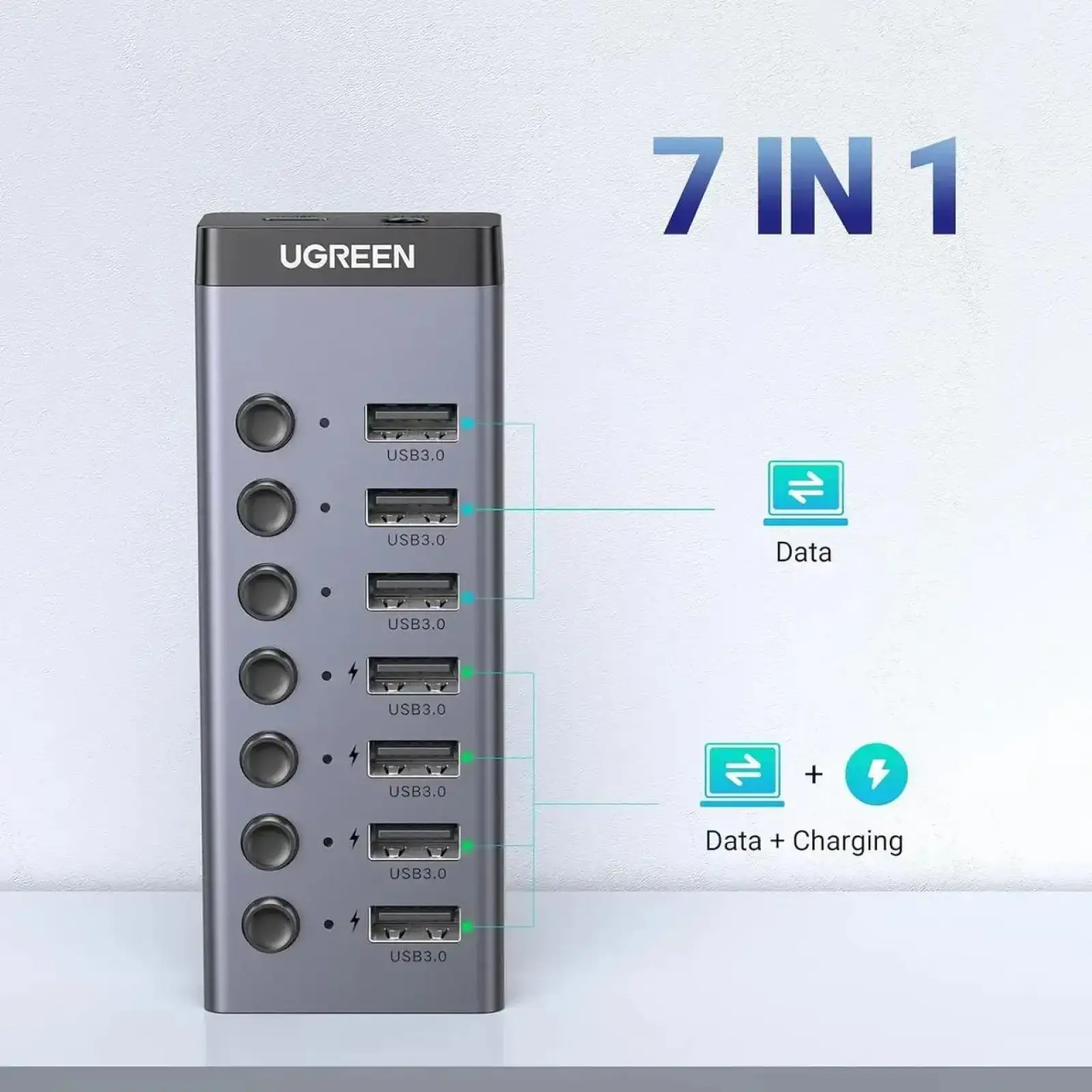 Хаб USB 3.0 -> USB to 7xUSB 3.0 з додатковим живленням Type-C 12V 2A CM481 Ugreen (90307) UA