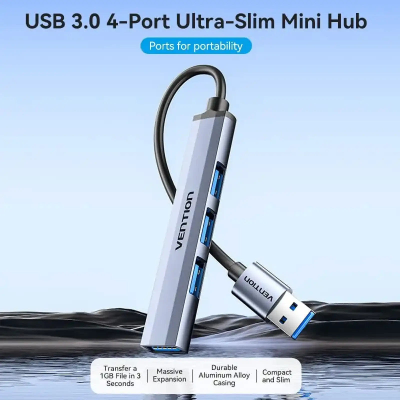 Хаб USB 3.0 -> 1xUSB 3.0/3xUSB 2.0, 0.15м, 5 Гбіт/с, Grey Vention (CKOHB) UA