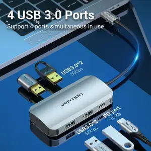 Хаб USB 3.1 Type-C -> 4хUSB 3.0/ Type-C PD 100W 5-in-1 Vention (TNBHB) UA